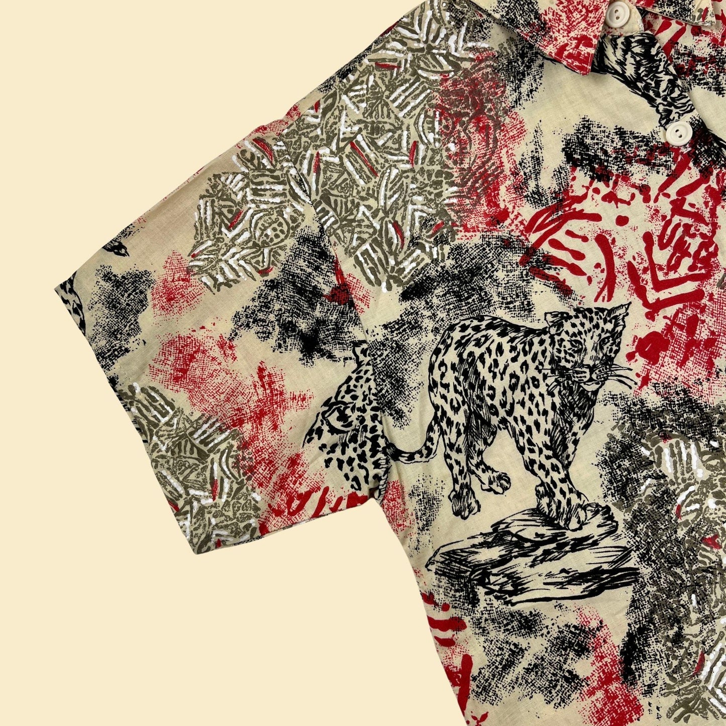 1980s S abstract blouse by East River Clothing Co, beige & red leopard patterned women's shirt