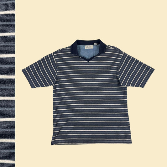 90s M polo striped shirt, vintage blue & grey short sleeve henley/polo top by Denim Ridge