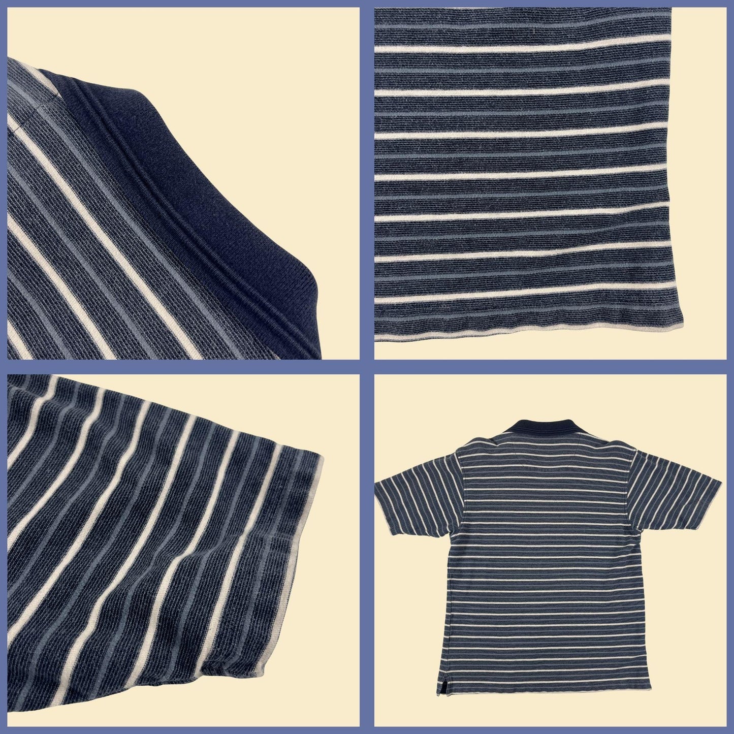 90s M polo striped shirt, vintage blue & grey short sleeve henley/polo top by Denim Ridge