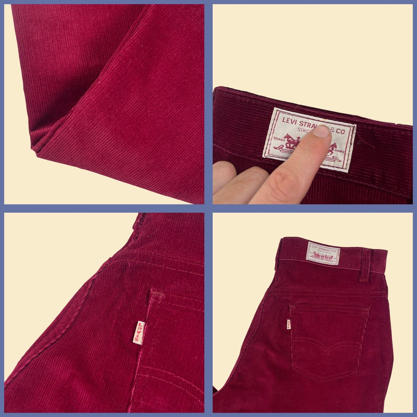 1980s Levi Strauss & Co corduroy pants, size 32 burgundy straight leg USA made pants