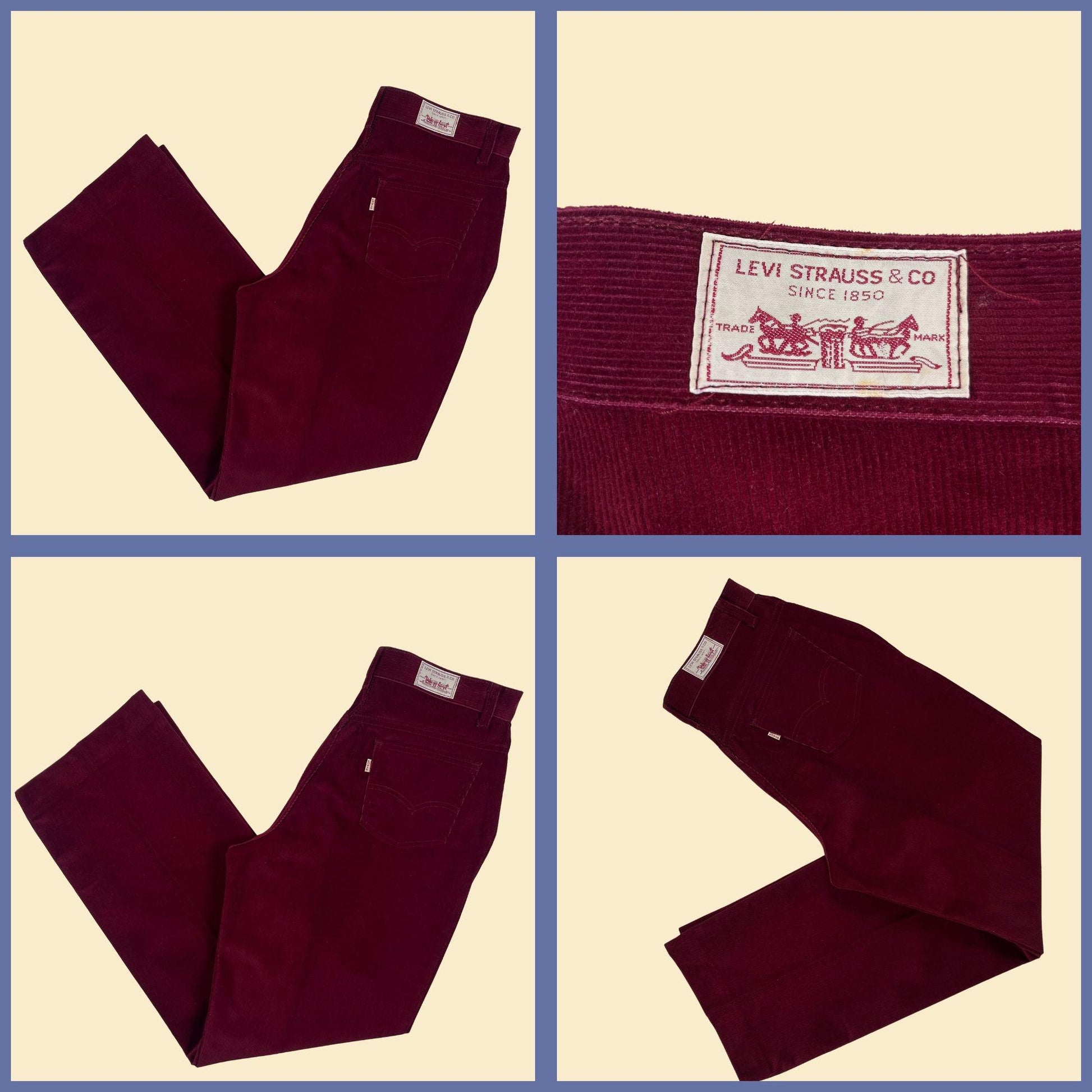 1980s Levi Strauss & Co corduroy pants, size 32 burgundy straight leg USA made pants