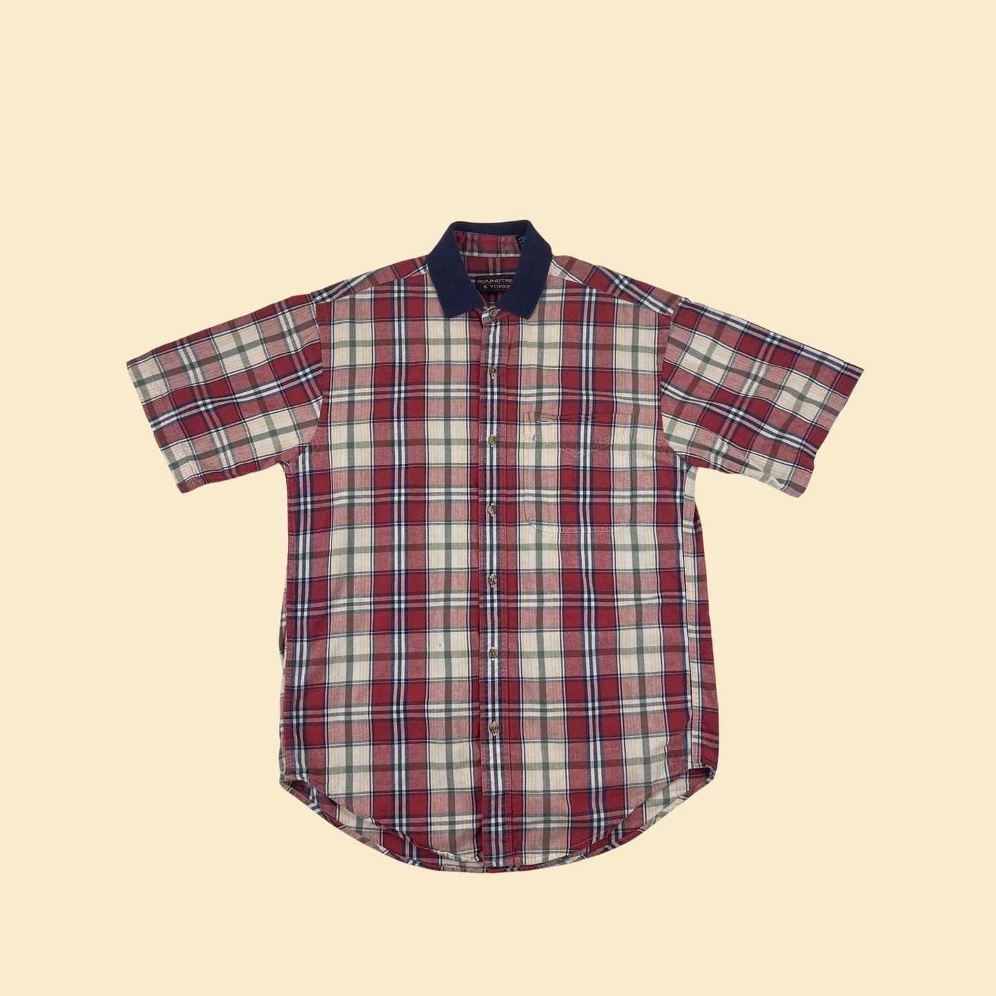 90s red plaid S shirt, vintage blue/burgundy short sleeve button down top by Roundtree & Yorke