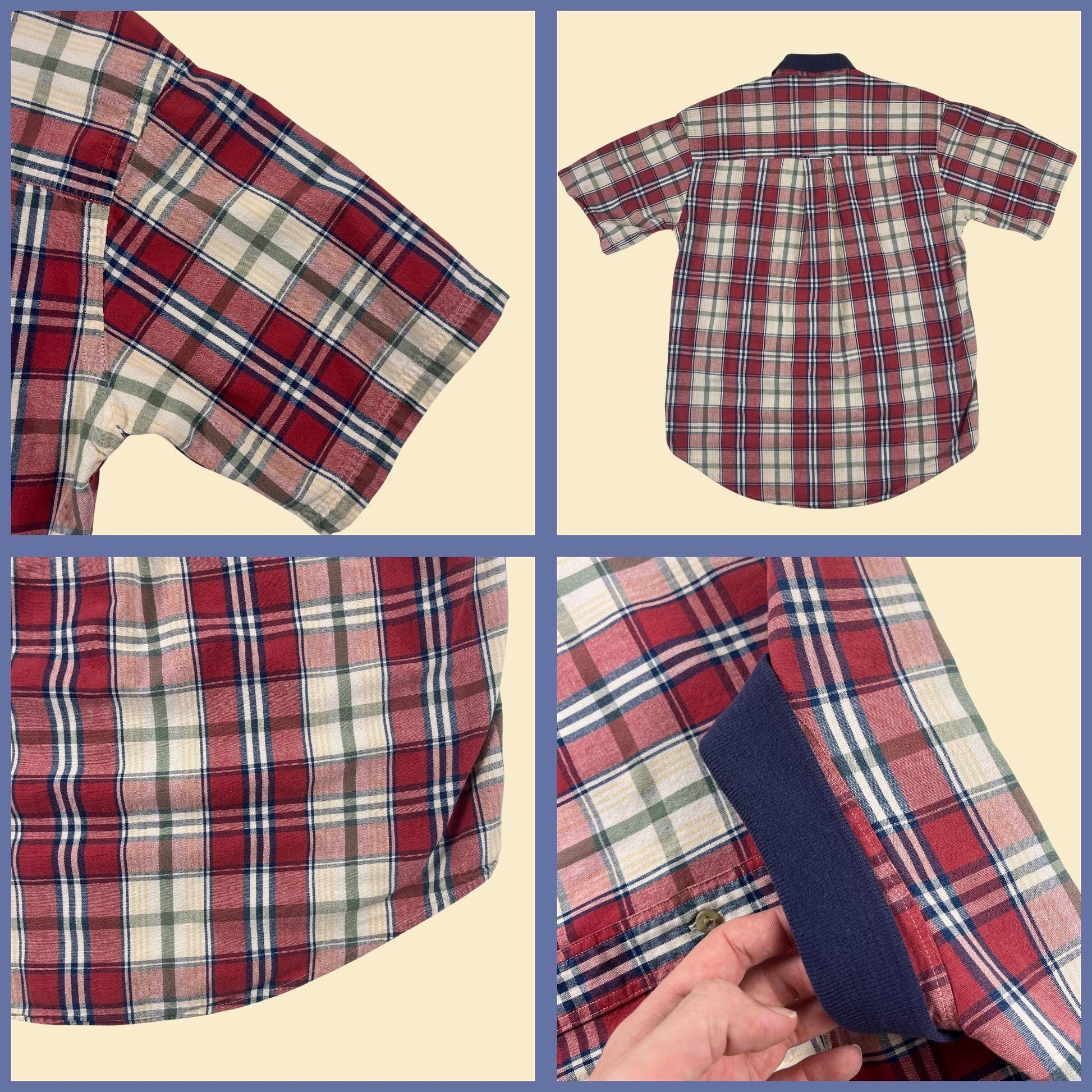 90s red plaid S shirt, vintage blue/burgundy short sleeve button down top by Roundtree & Yorke