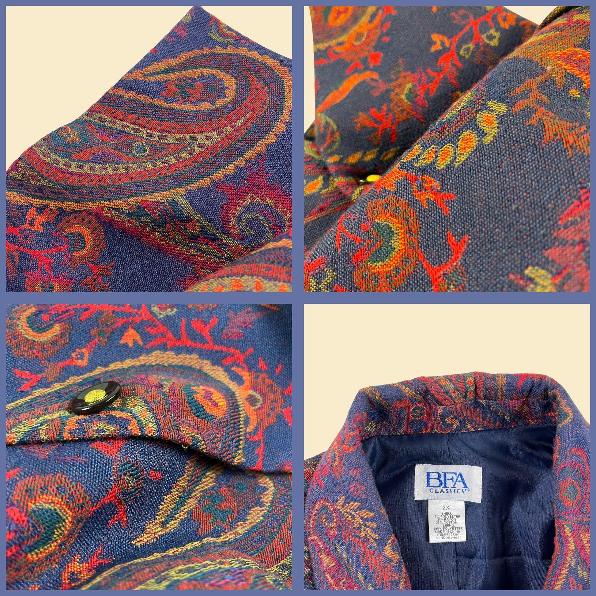 Y2K paisley tapestry jacket, size 2X vintage blue & orange abstract patterned women's jacket