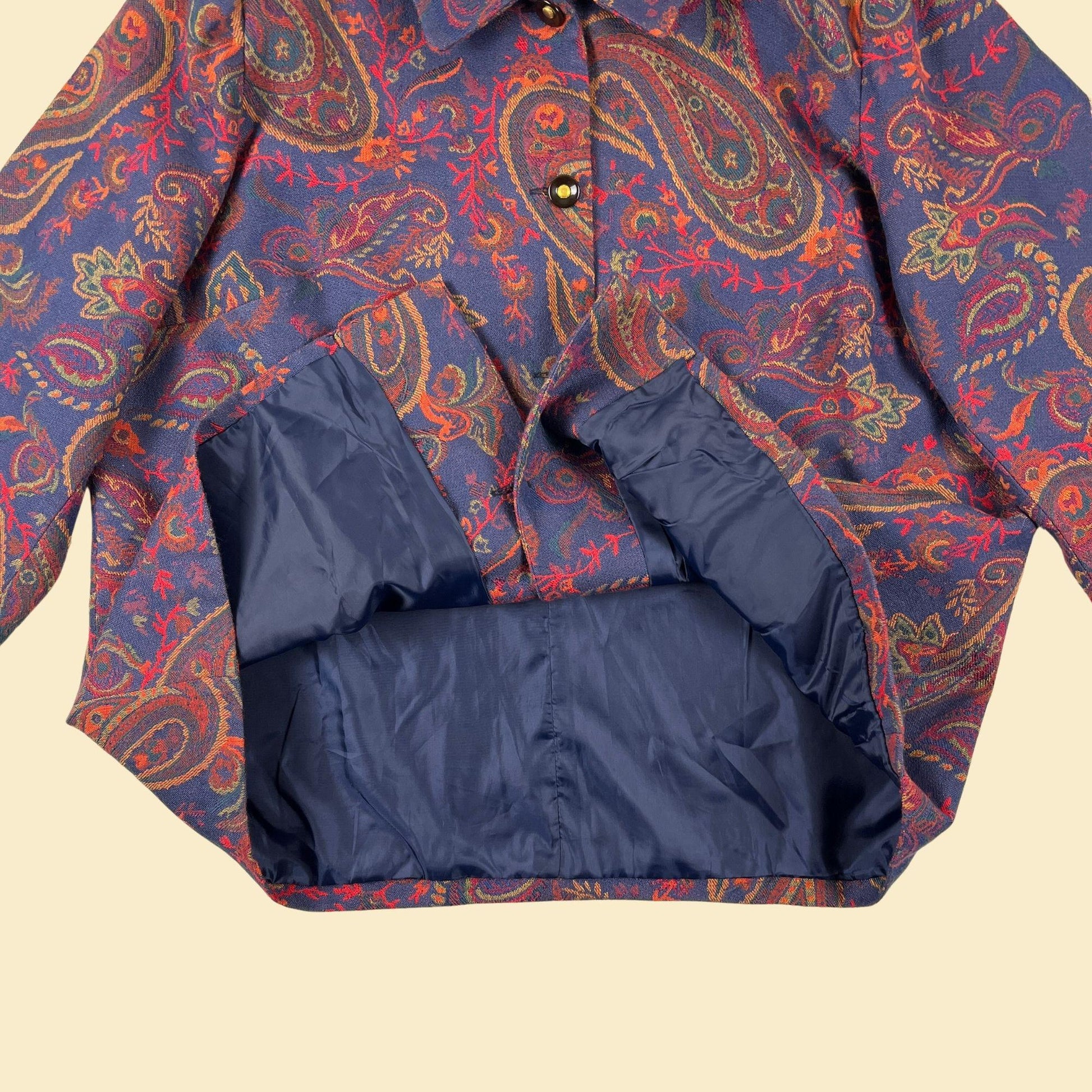 Y2K paisley tapestry jacket, size 2X vintage blue & orange abstract patterned women's jacket