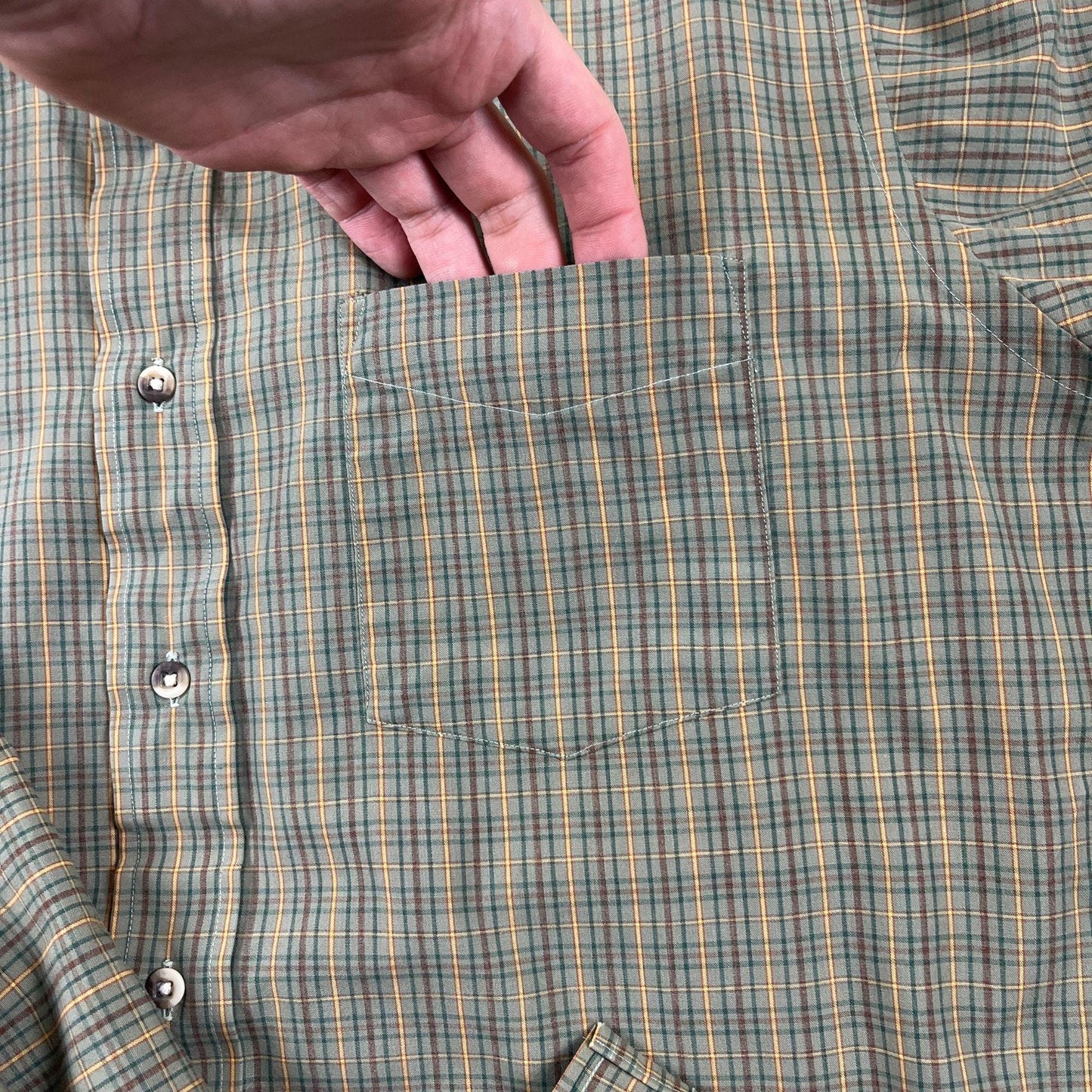 1970s green plaid shirt, vintage XL 70s green & yellow button down long sleeve top