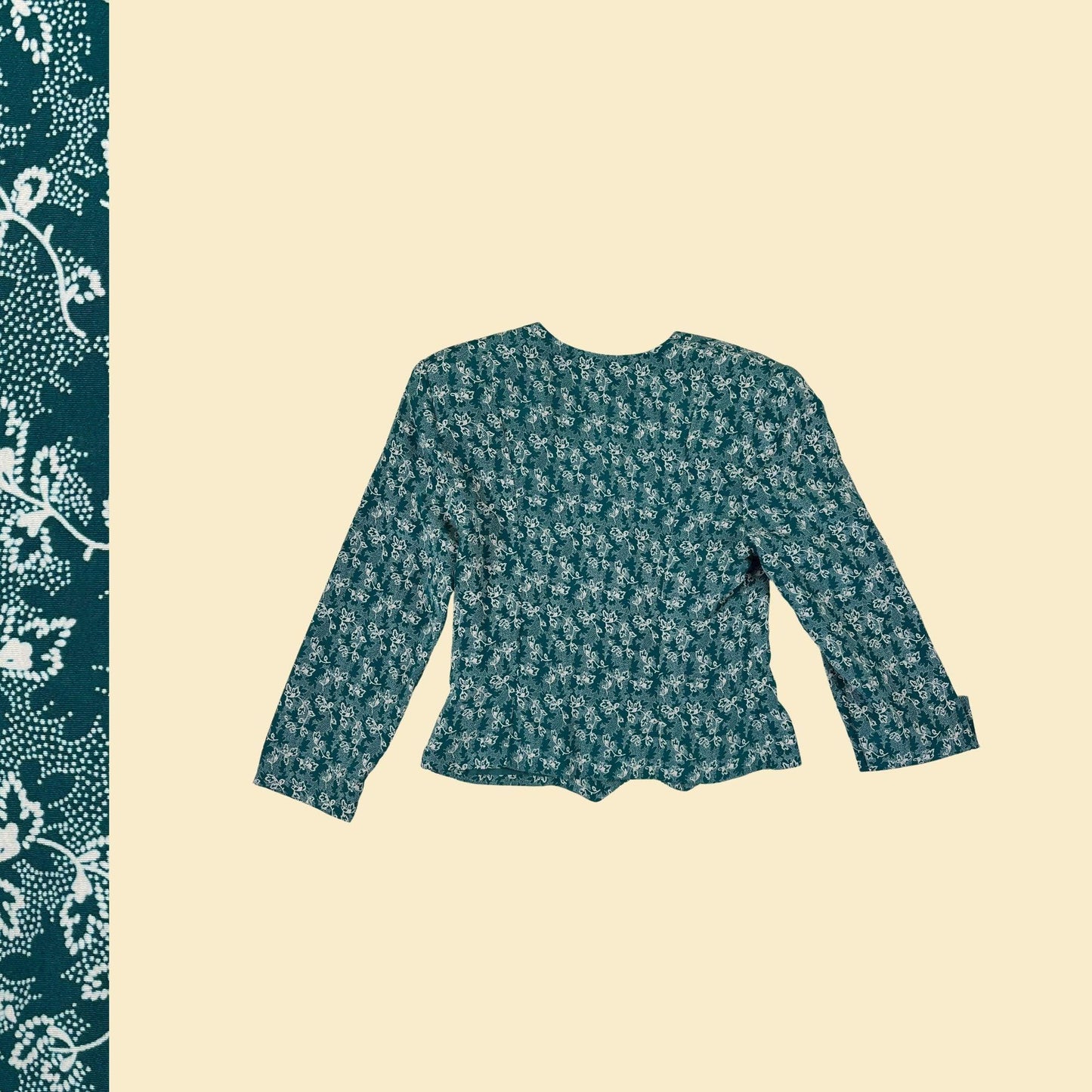 70s/80s teal & white size 10 blouse by Apostrophe, abstract floral patterned top w/ shoulder pads