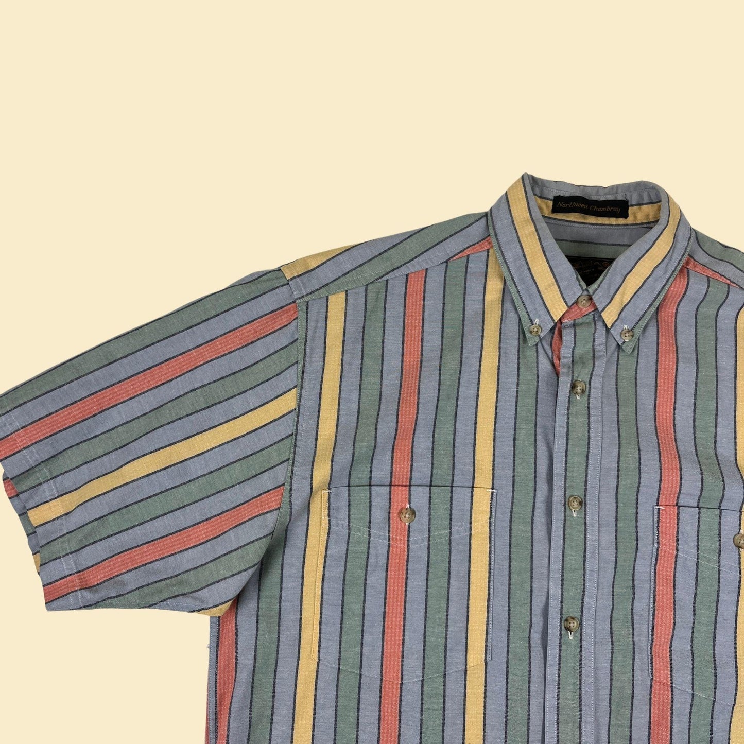 90s M Eddie Bauer shirt, vintage striped chambray blue & green short sleeve casual cotton top