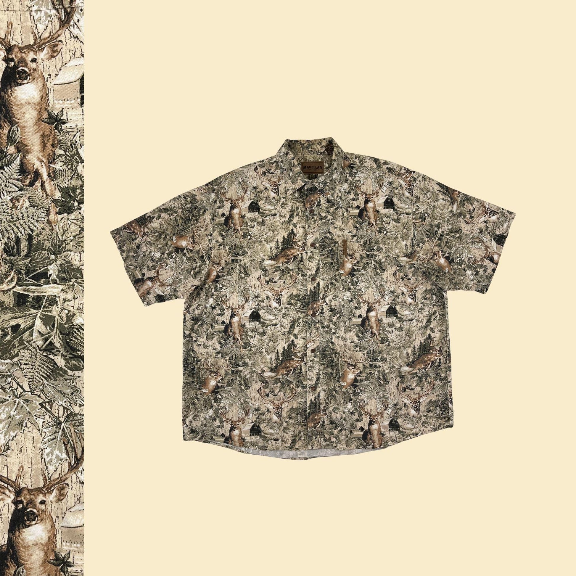 90s XXL camo deer shirt by Magellan Sportswear, vintage green & brown men's button down camouflage button down