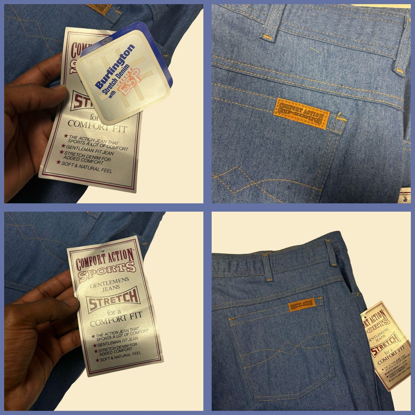 1990s 48x30 Burlington jeans, vintage blue cotton/poly straight men's denim pants, new old stock