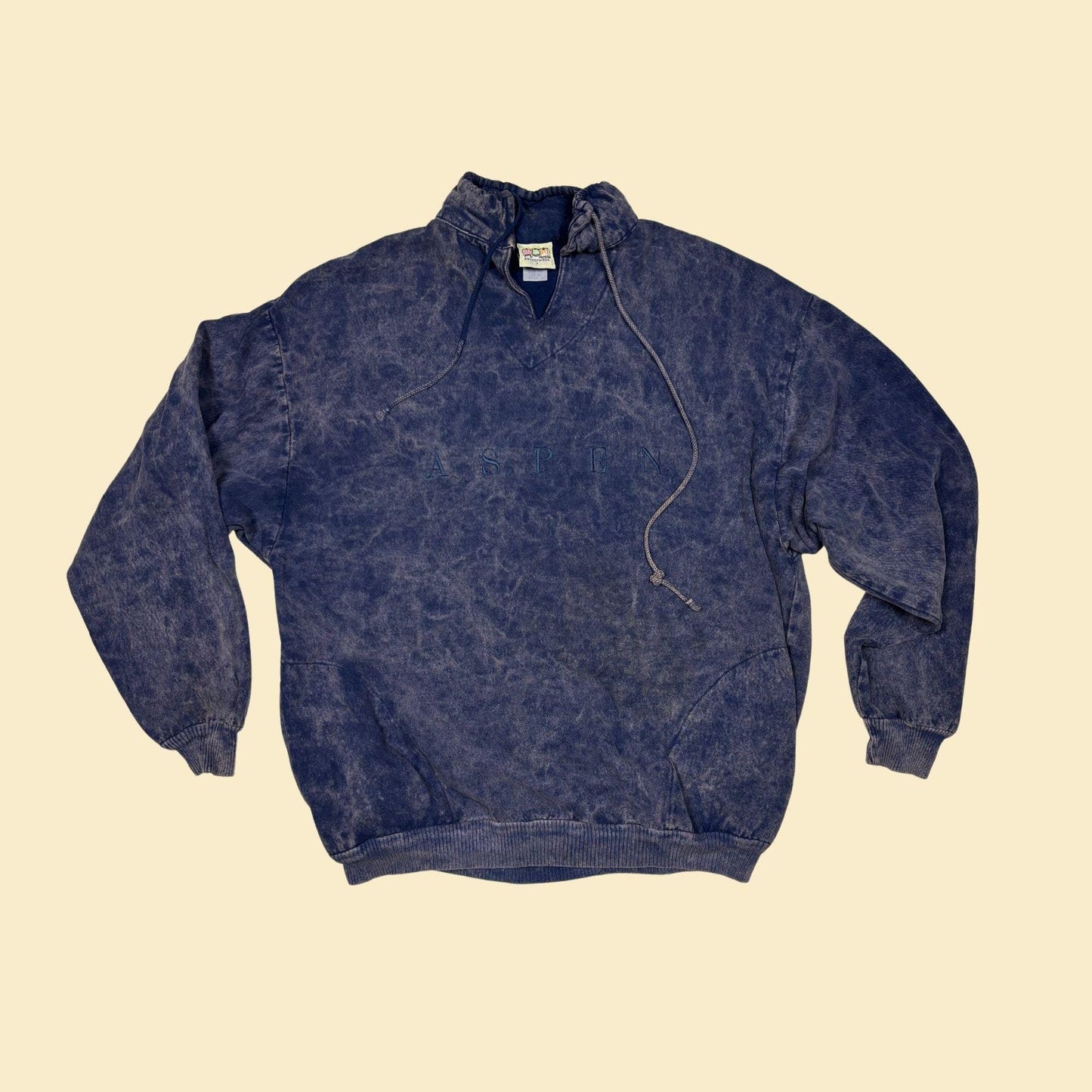 90s Aspen sweatshirt, vintage blue pullover sweater with drawstrings & acid wash pattern