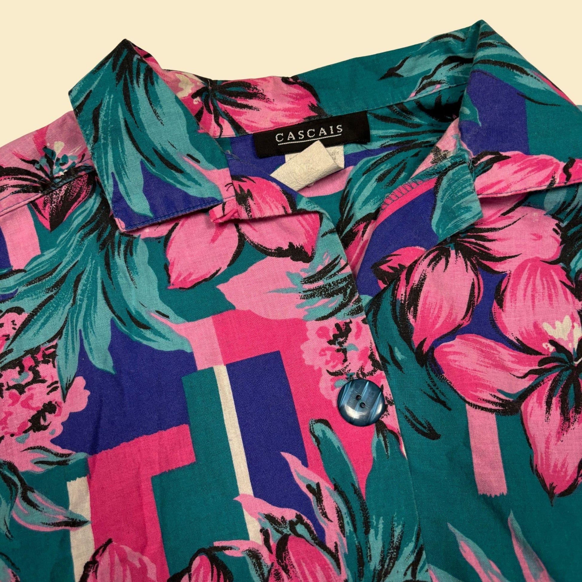 70s/80s L floral blouse by Cascais, vintage teal & pink women's button down shirt