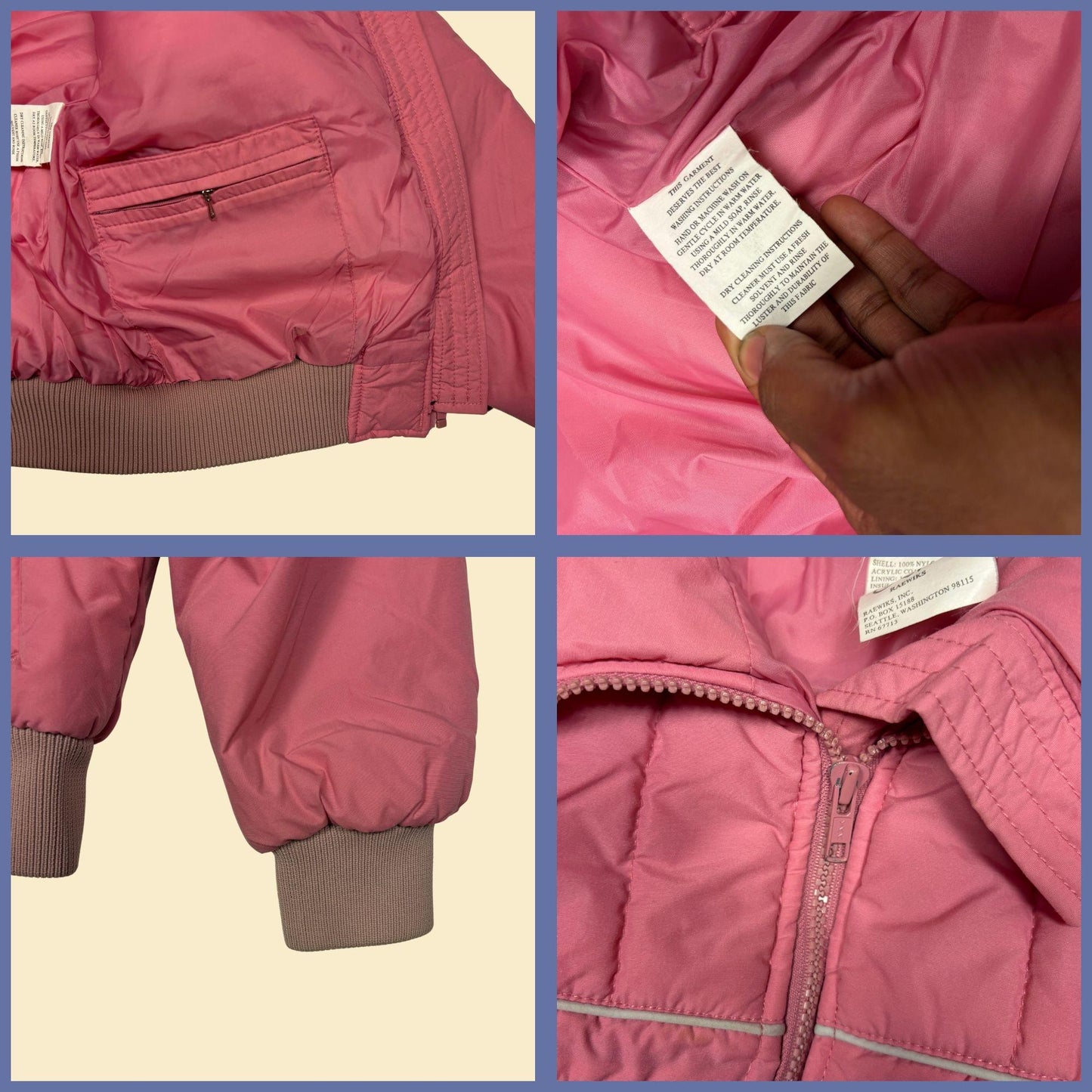 80s/90s pink ski jacket by Golden Team, vintage women's L pink & grey zip up puffer jacket