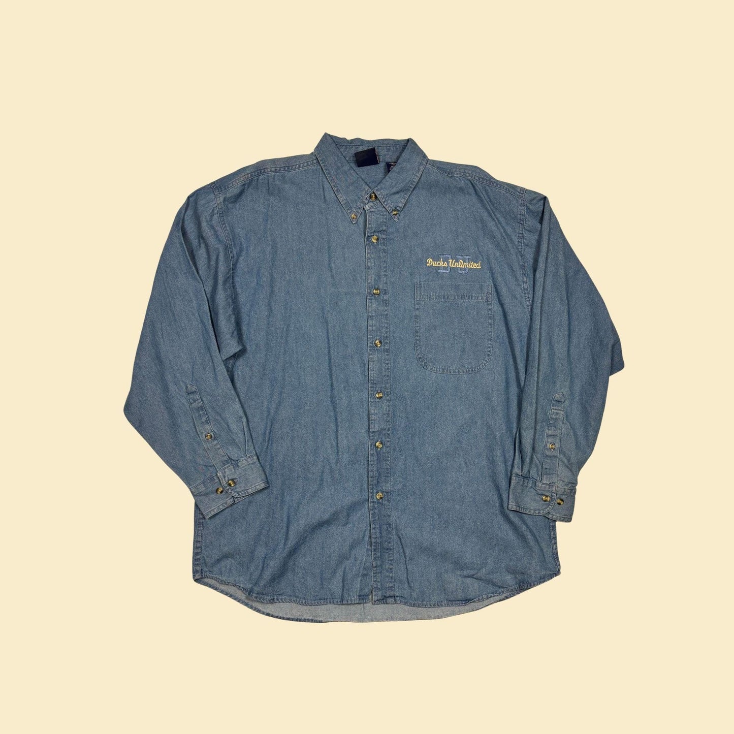 90s/Y2K denim 2XL shirt w/ Duck's Unlimited logo by Common Sense, vintage chambray button down long sleeve