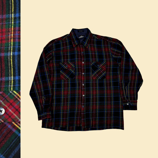 70s/80s Backpacker flannel shirt, size L vintage men's black, red & blue plaid long sleeve button down