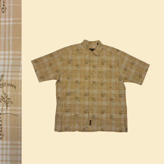 90s L Timberland shirt, vintage men's palm tree & plaid patterned short sleeve beige/tan button down