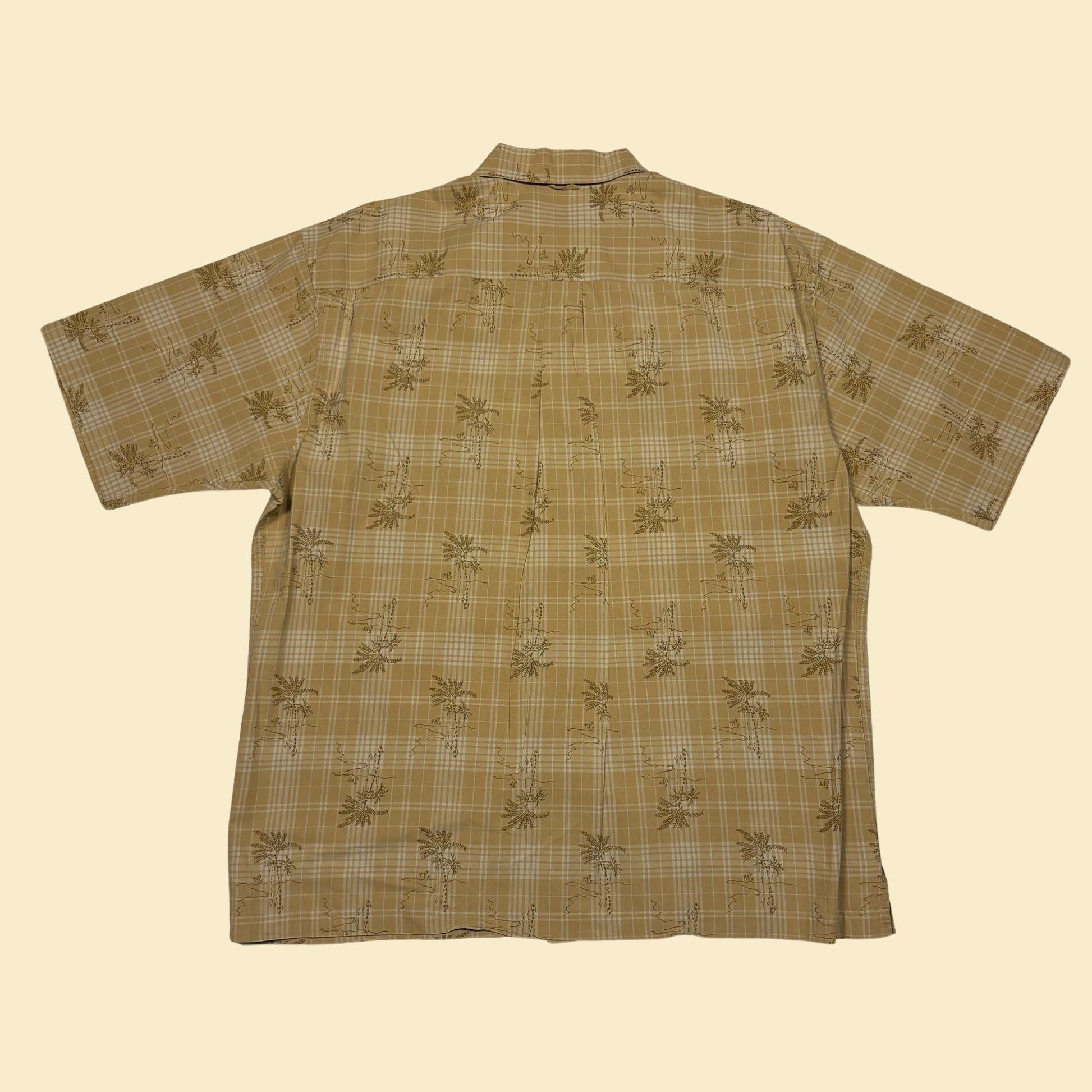 90s L Timberland shirt, vintage men's palm tree & plaid patterned short sleeve beige/tan button down