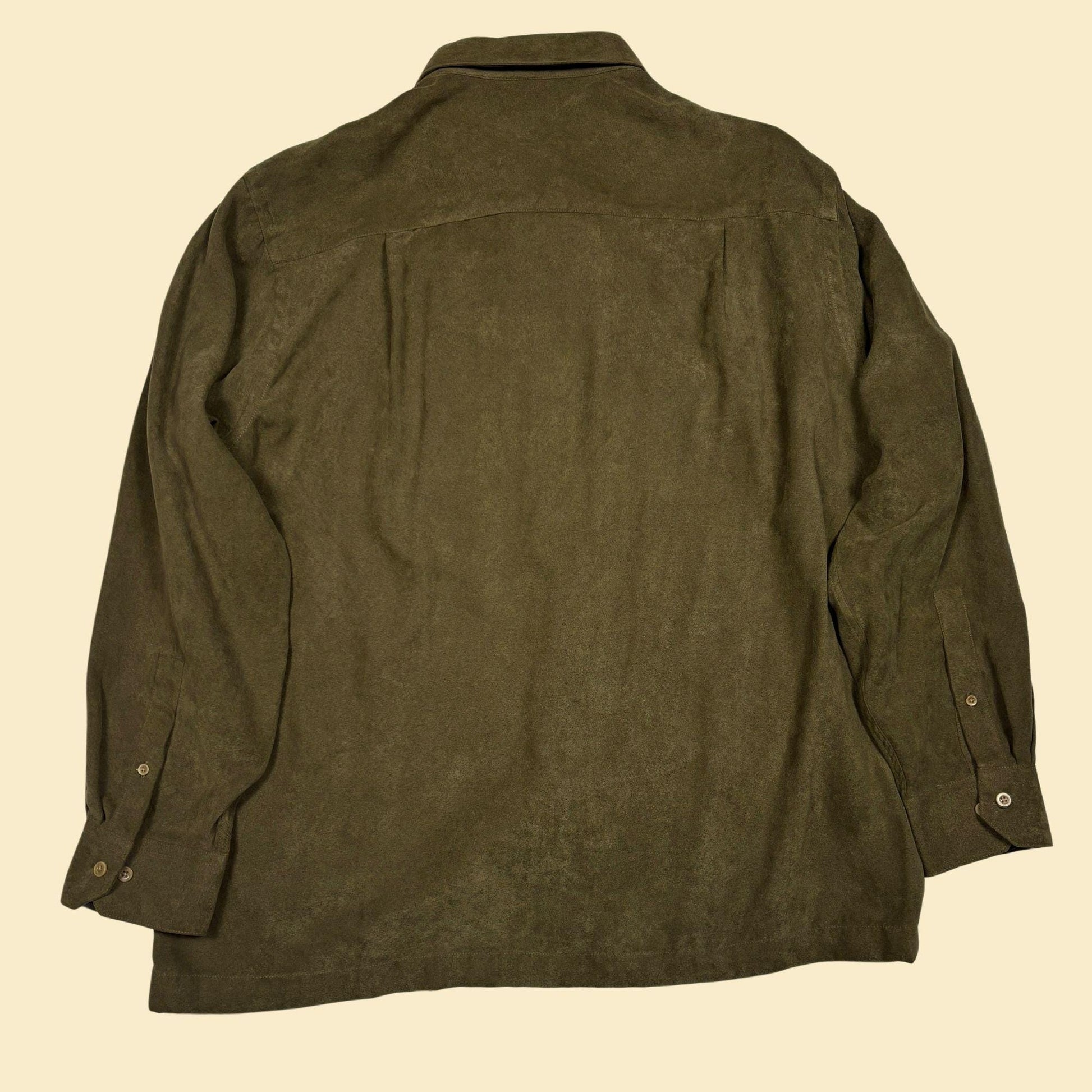 90s/Y2K green XL faux-suede shirt by Geoffrey Beene, vintage men's button down long sleeve top