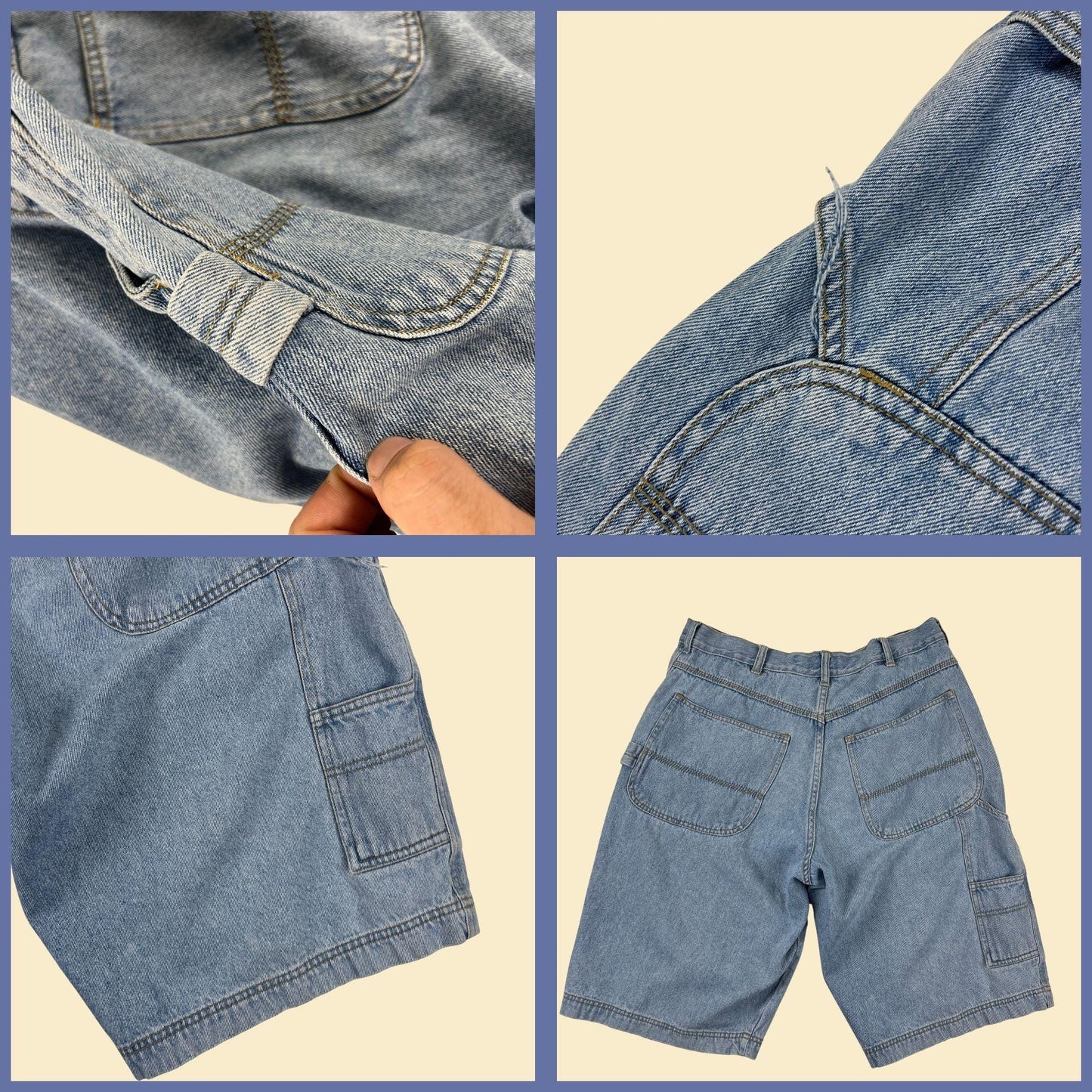 90s Bugle Boy 34W jean shorts, vintage men's cotton denim knee-length carpenter shorts