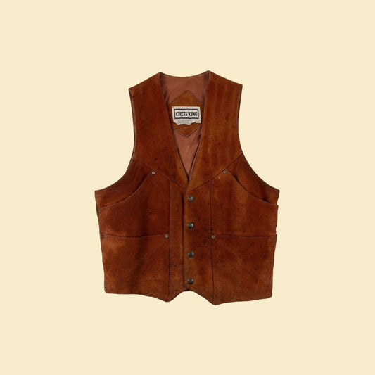 1970s L orange leather vest by Chess King, vintage men's snap clasp burnt orange vest