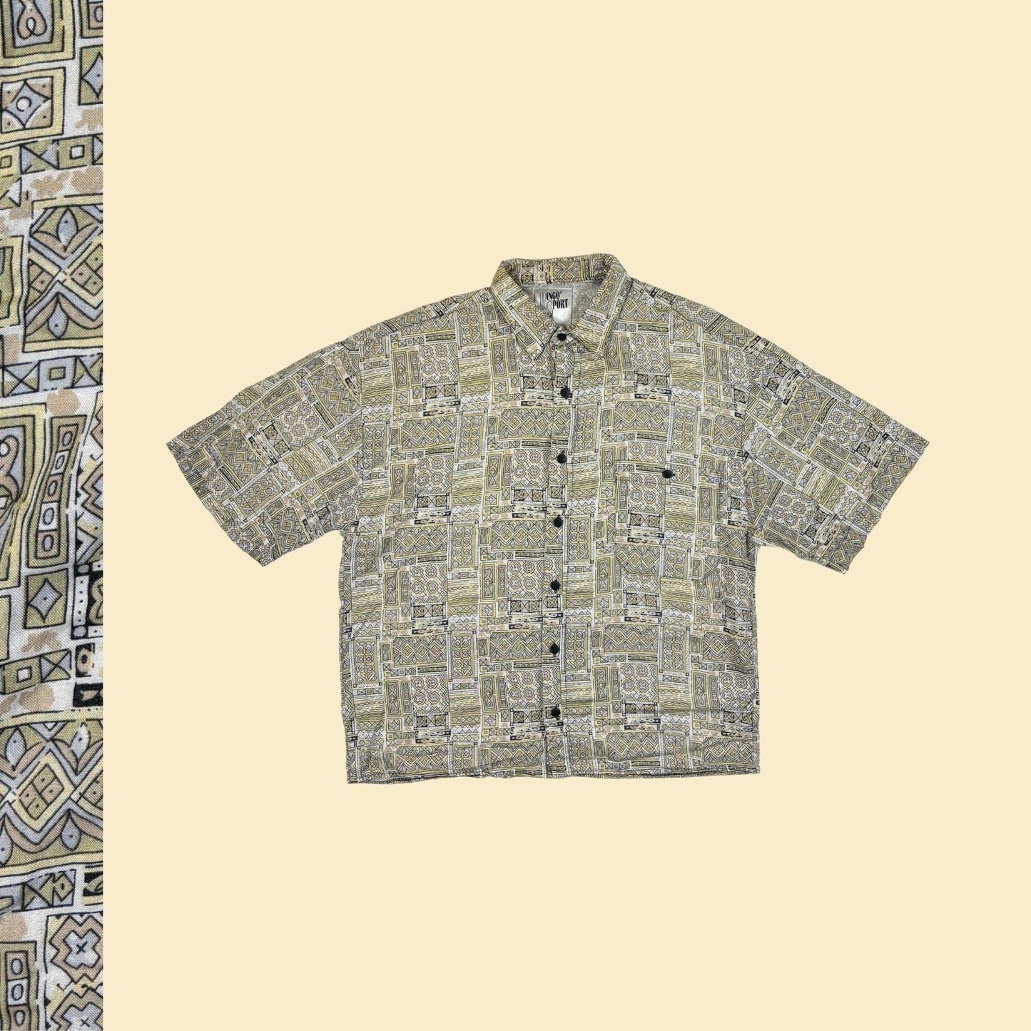 80s/90s geometric shirt by Ringo Sport, men's M to L vintage yellow, white & green button down short sleeve top