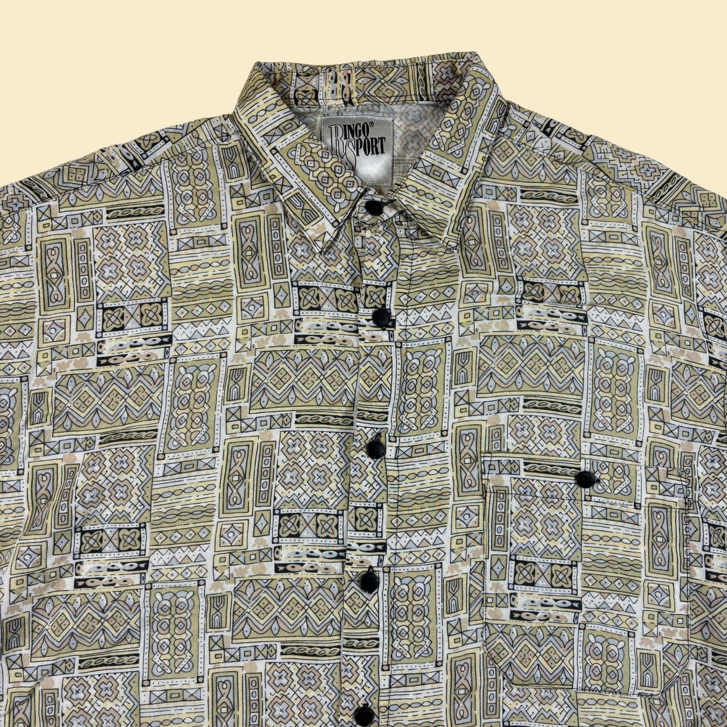 80s/90s geometric shirt by Ringo Sport, men's M to L vintage yellow, white & green button down short sleeve top