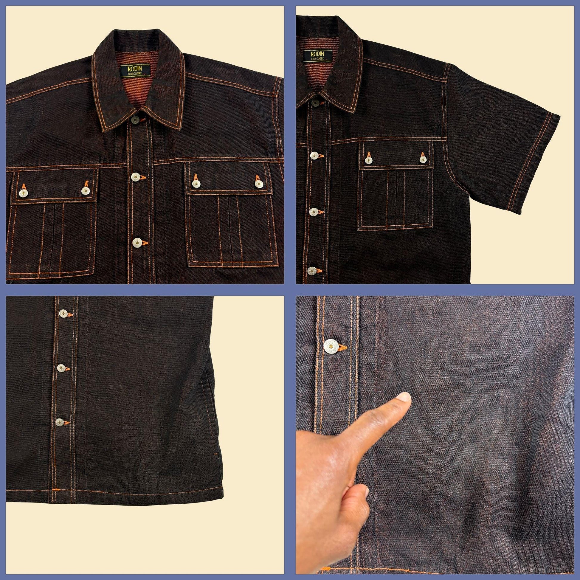 1990s black denim shirt by Rodin, vintage black & orange size L short sleeve jean shirt