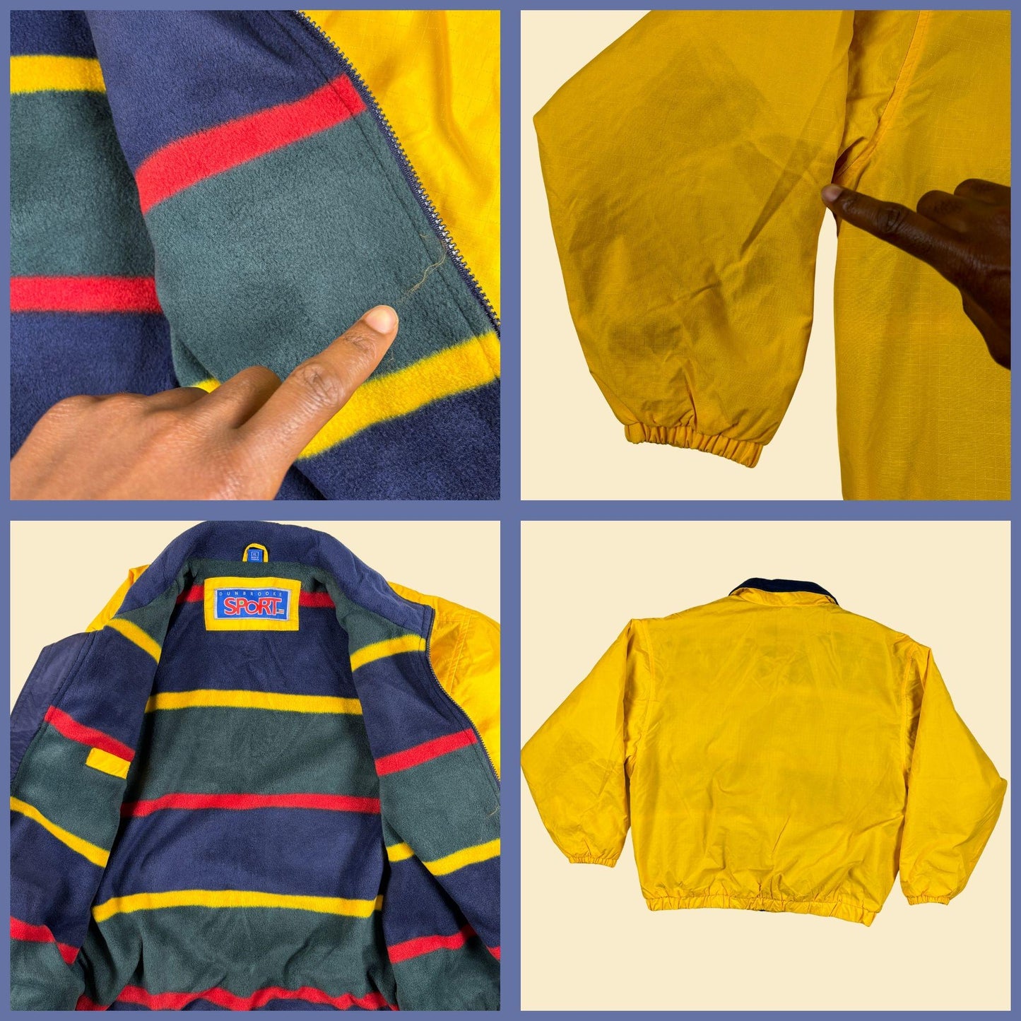 90s XL Dunbrooke Sport jacket, vintage fleece lined yellow & blue zip up jacket