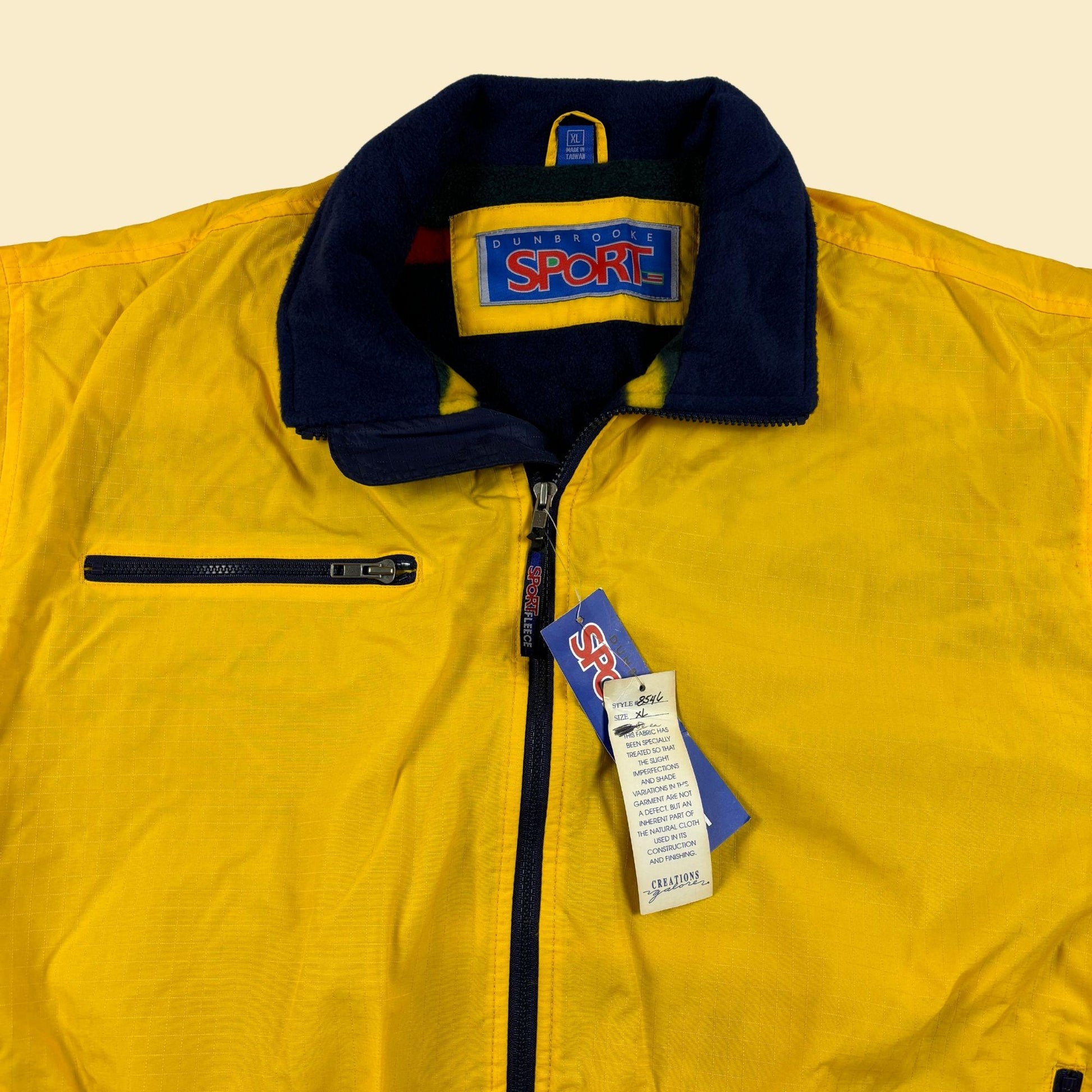 90s XL Dunbrooke Sport jacket, vintage fleece lined yellow & blue zip up jacket