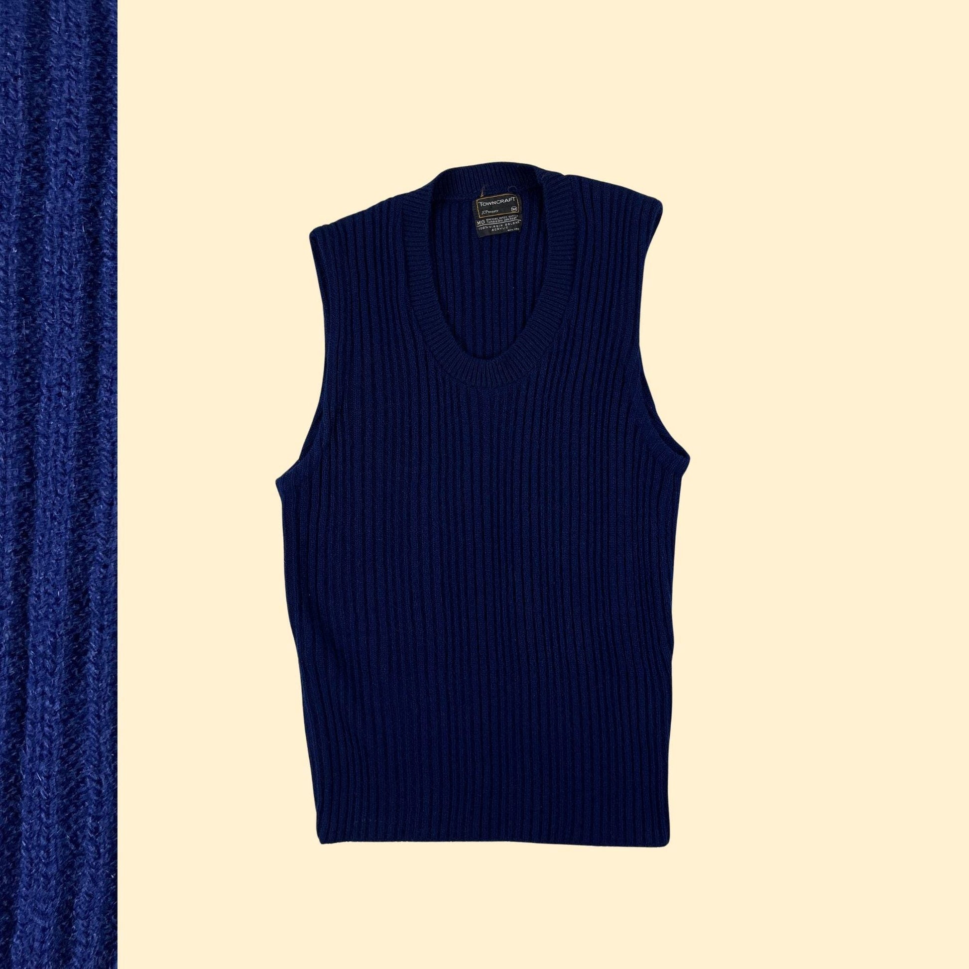 70s M blue sweater vest by Towncraft JCPenney, vintage ribbed knit pullover vest