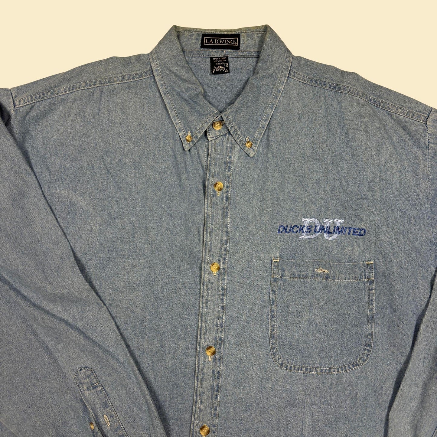 90s XXL chambray shirt w/ Ducks Unlimited logo by LA Loving, vintage men's lightweight denim-style button down