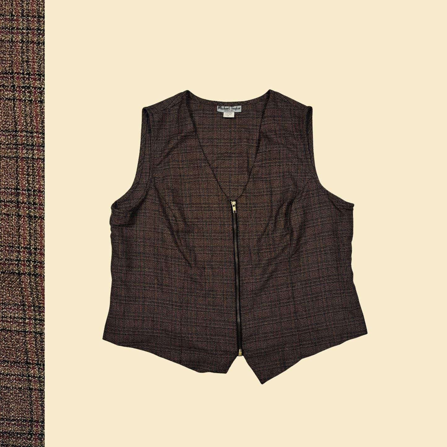 70s/80s plaid zip up women's vest, size 20 burgundy & brown sleeveless blouse