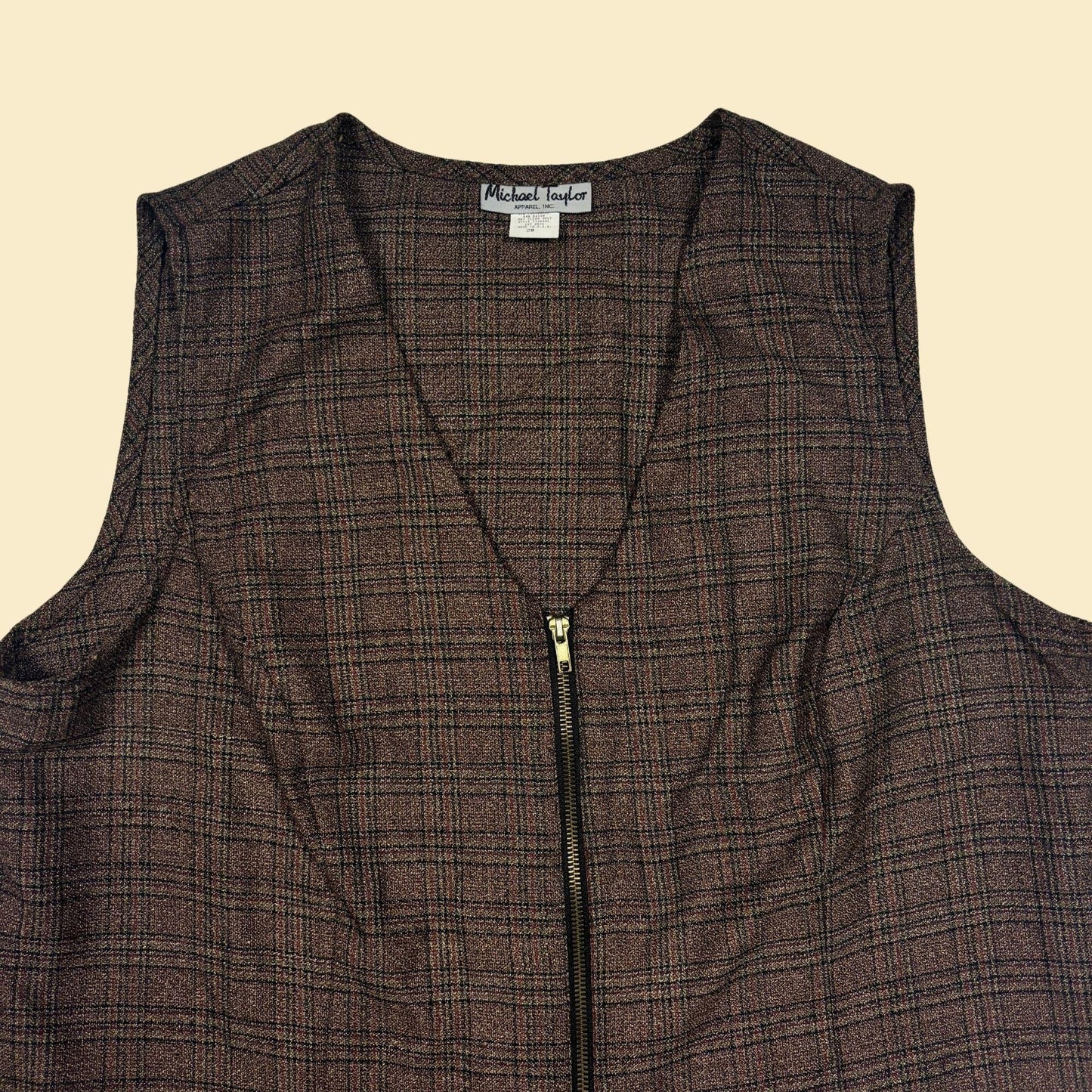 70s/80s plaid zip up women's vest, size 20 burgundy & brown sleeveless blouse