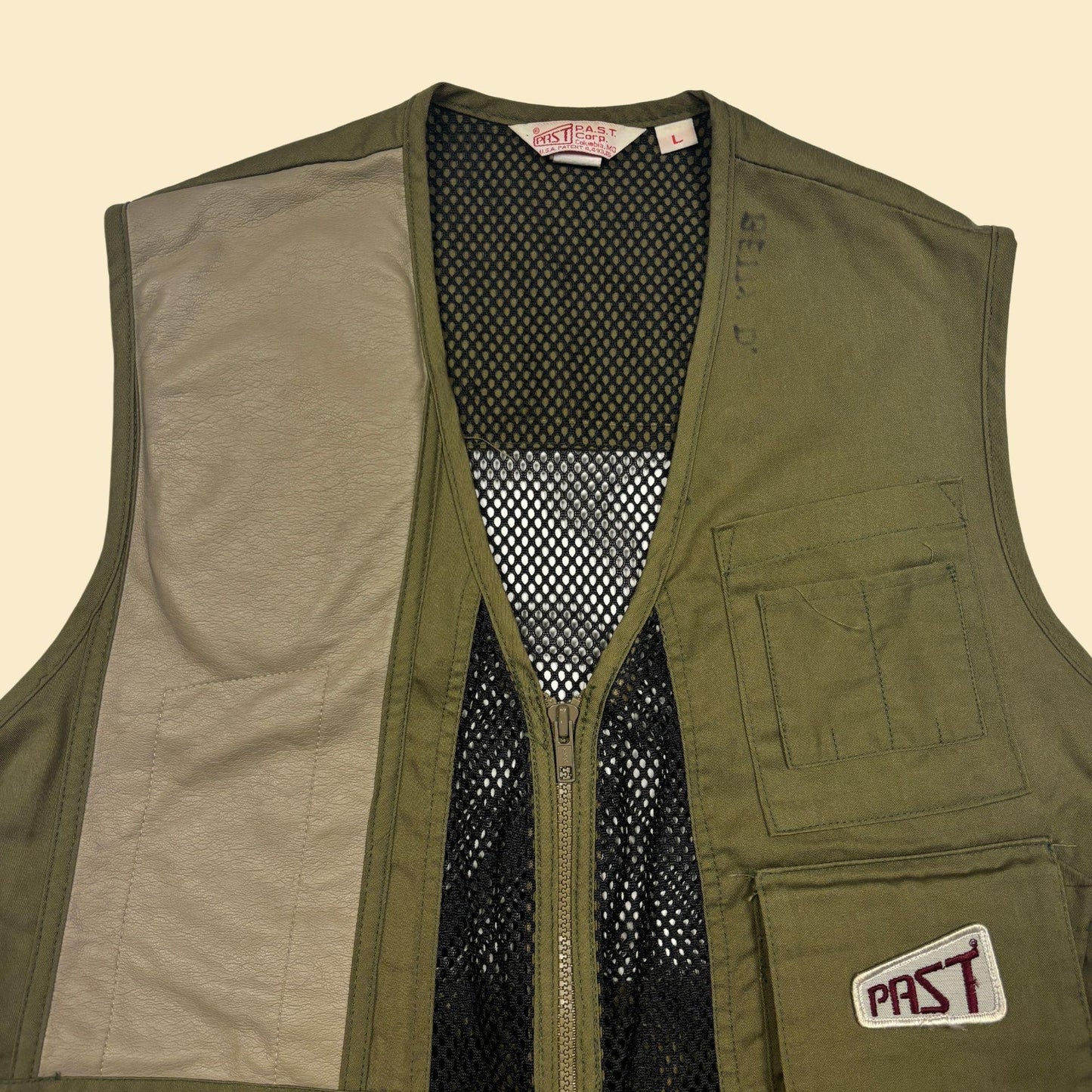 1980s L hunting vest by PAST corp, vintage men's zip up mesh & cotton utility vest