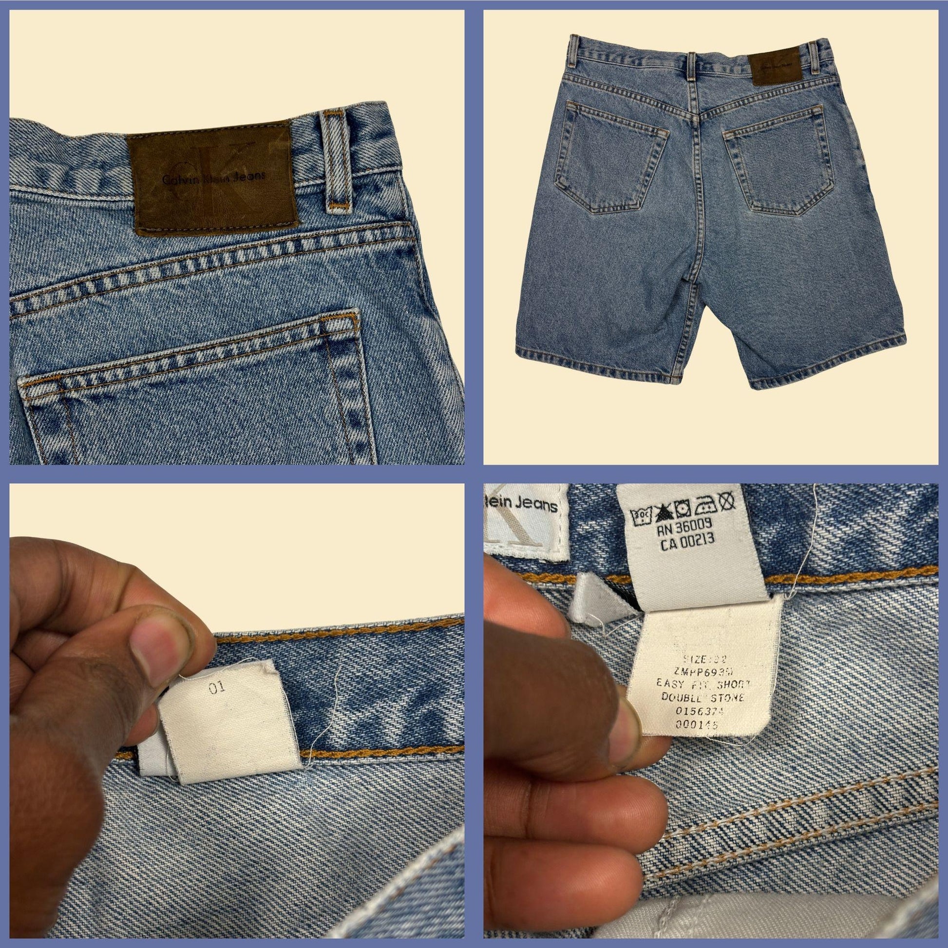 90s Calvin Klein Jeans size 32 denim shorts, vintage men's knee-length carpenter-style shorts