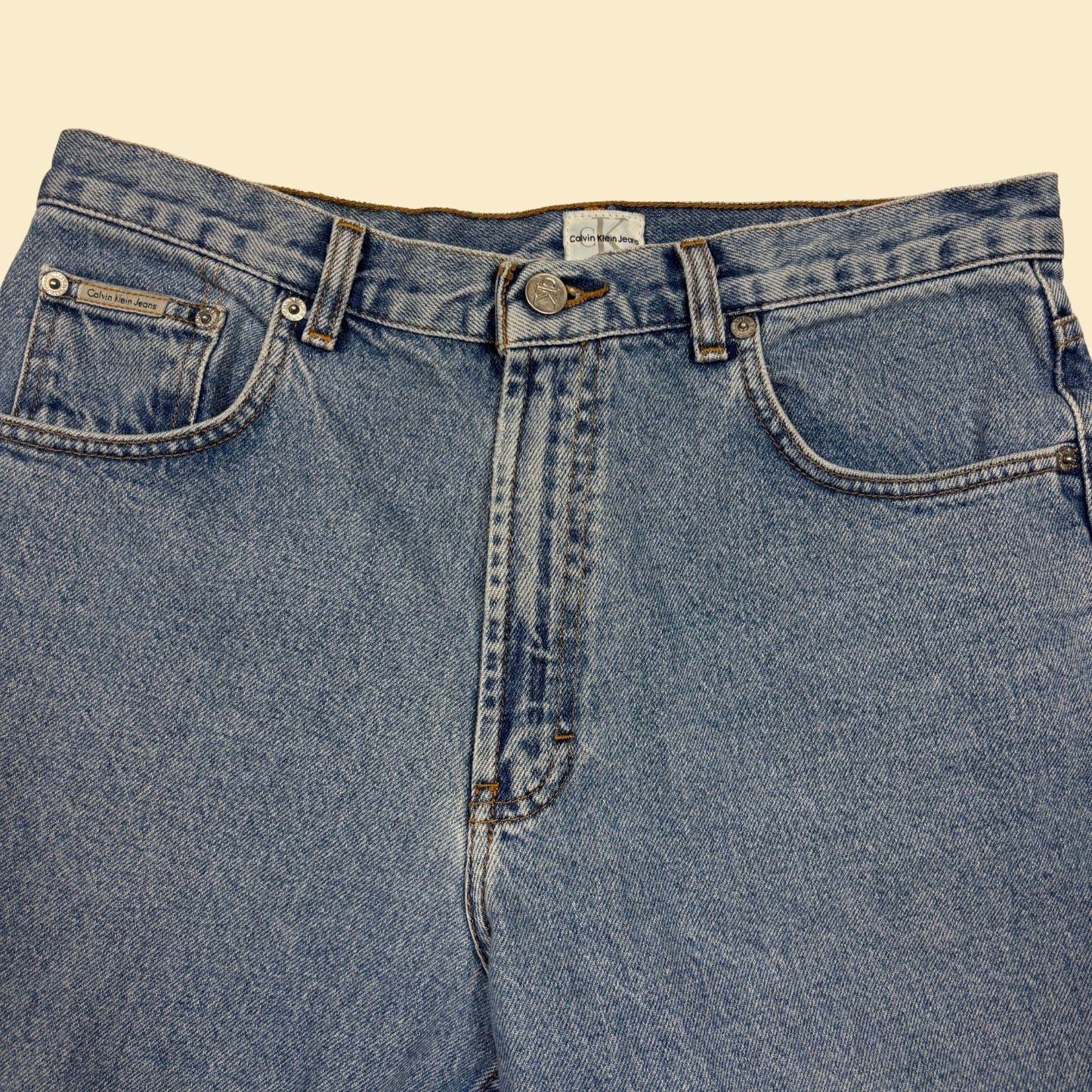 90s Calvin Klein Jeans size 32 denim shorts, vintage men's knee-length carpenter-style shorts