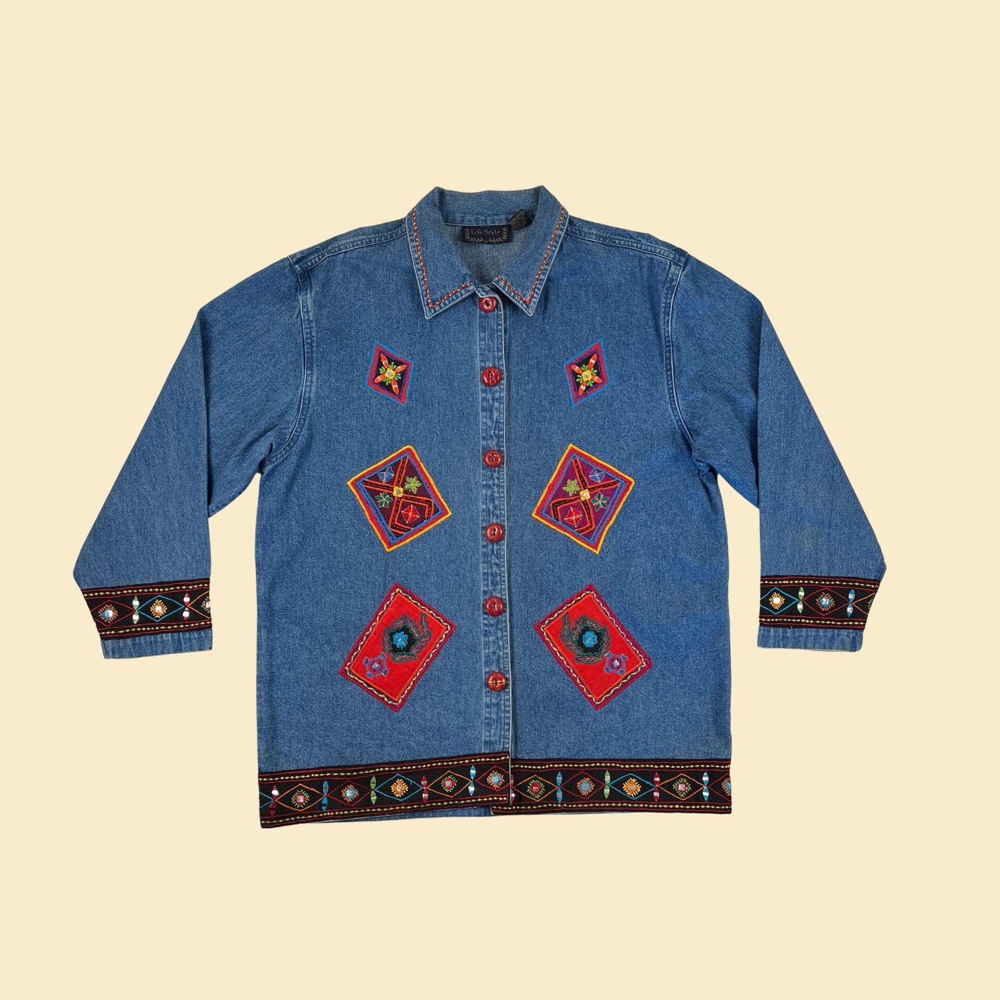 1990s abstract denim shirt, size L vintage women's blue, red & orange geometric button down jean top by Lifestyle