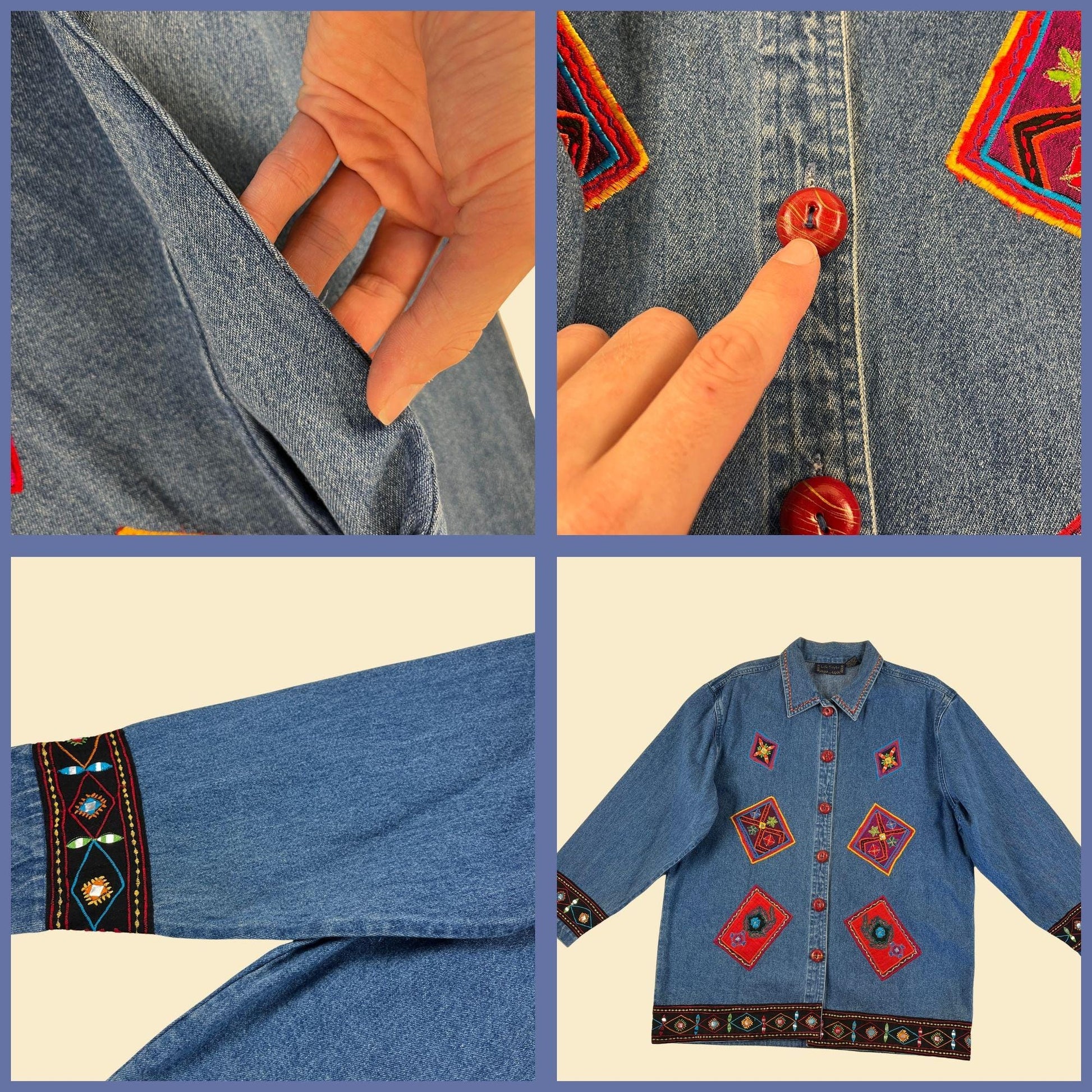 1990s abstract denim shirt, size L vintage women's blue, red & orange geometric button down jean top by Lifestyle