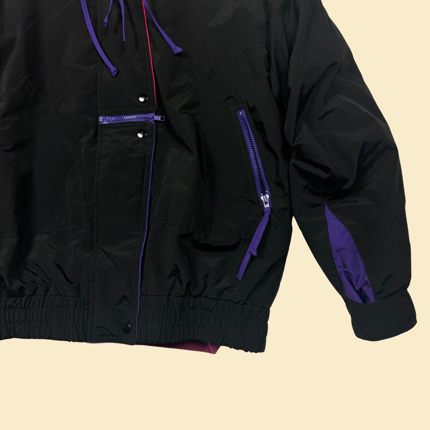 90s L black & purple jacket w/ removable fleece lining by Cabin Creek, vintage two-piece women's black/purple/pink coat