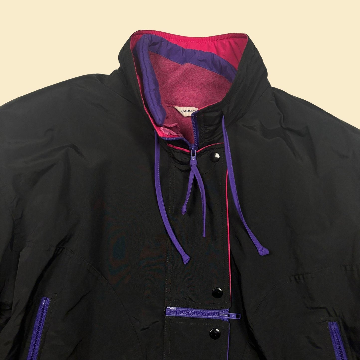 90s L black & purple jacket w/ removable fleece lining by Cabin Creek, vintage two-piece women's black/purple/pink coat