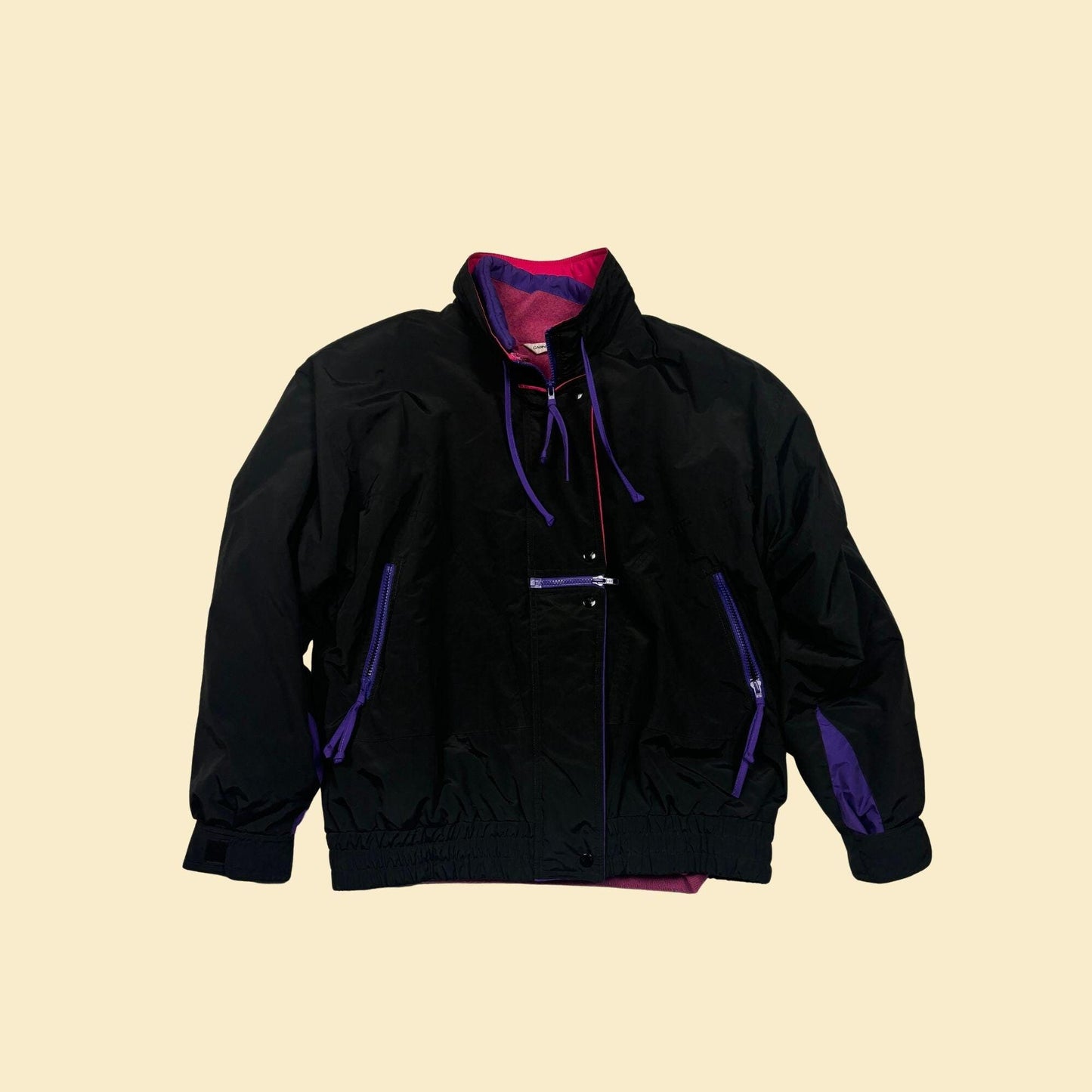 90s L black & purple jacket w/ removable fleece lining by Cabin Creek, vintage two-piece women's black/purple/pink coat