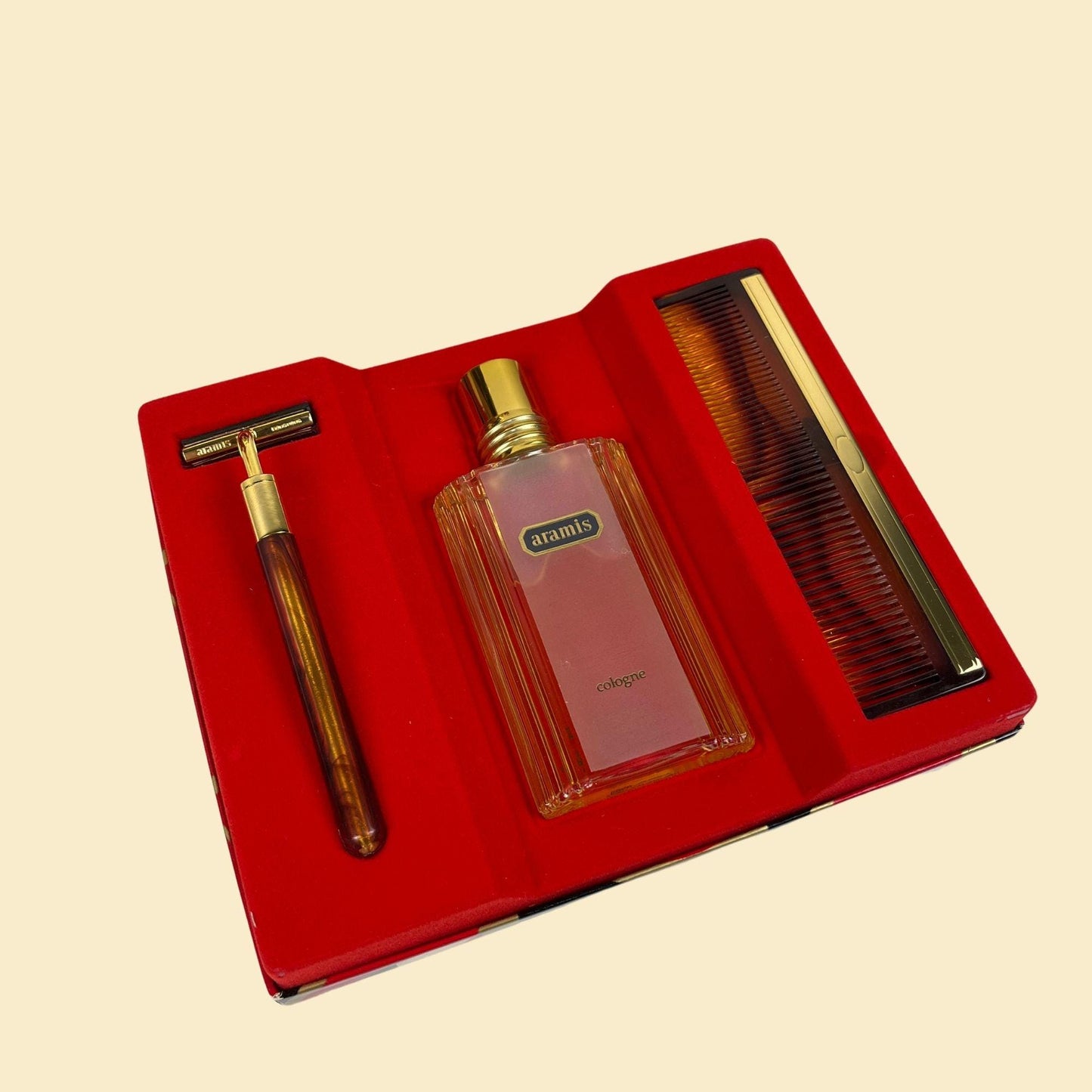 1970s Aramis shave & cologne kit, vintage men's tortoise shell comb/razor set, new old stock