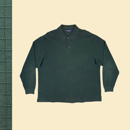 90s/Y2K green XL polo shirt, vintage men's long sleeve polo shirt w/ grid texture by Roundtree & Yorke