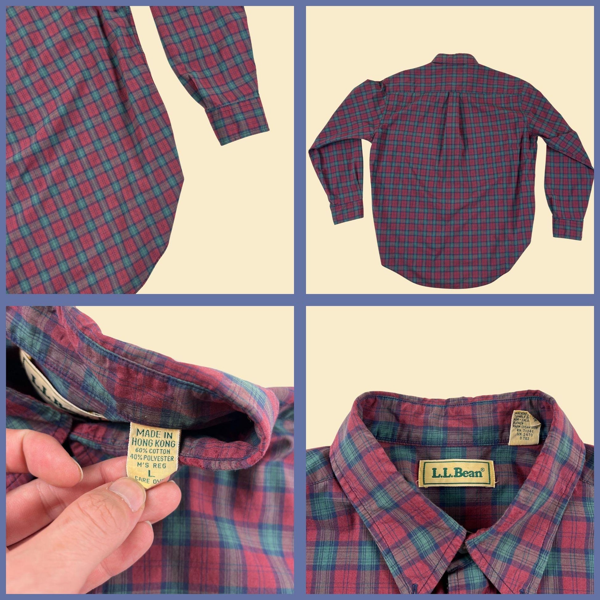 1980s L.L. Bean shirt, size L vintage plaid burgundy & green long sleeve button down top