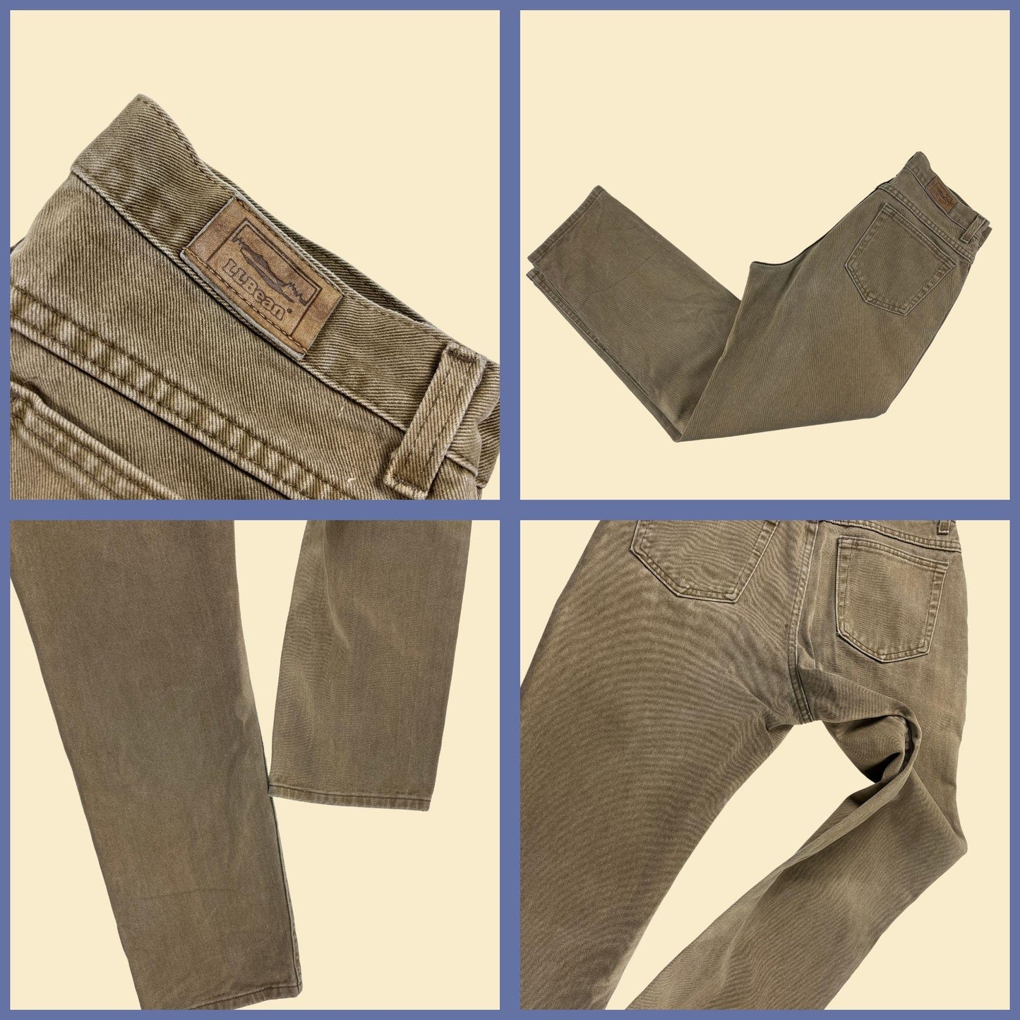 1980s L.L. Bean 32x29 tan denim pants, vintage men's straight leg khaki jeans