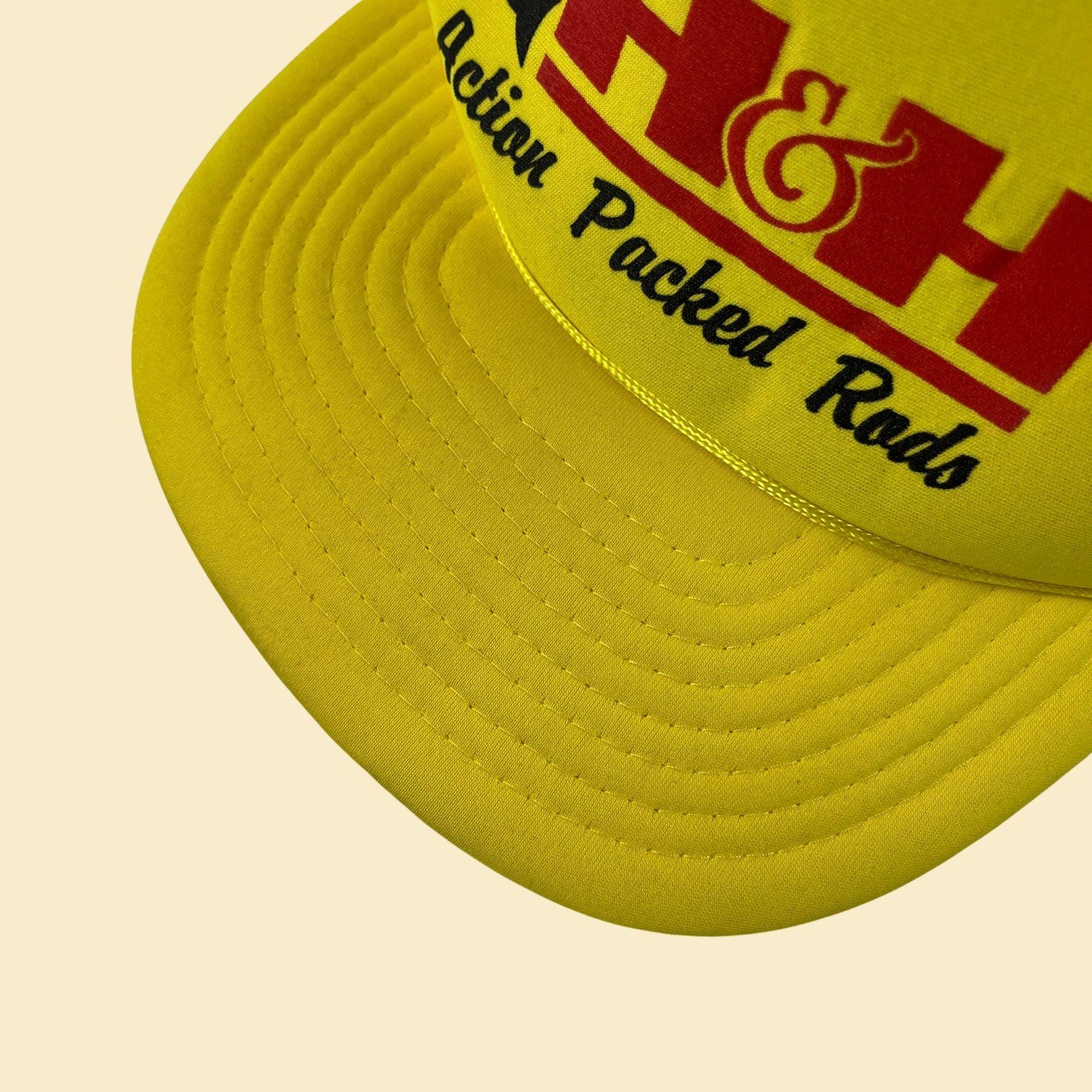 90s yellow snapback w/ H&H Action Packed Rods advertisement, vintage yellow/red fishing baseball cap w/ mesh back