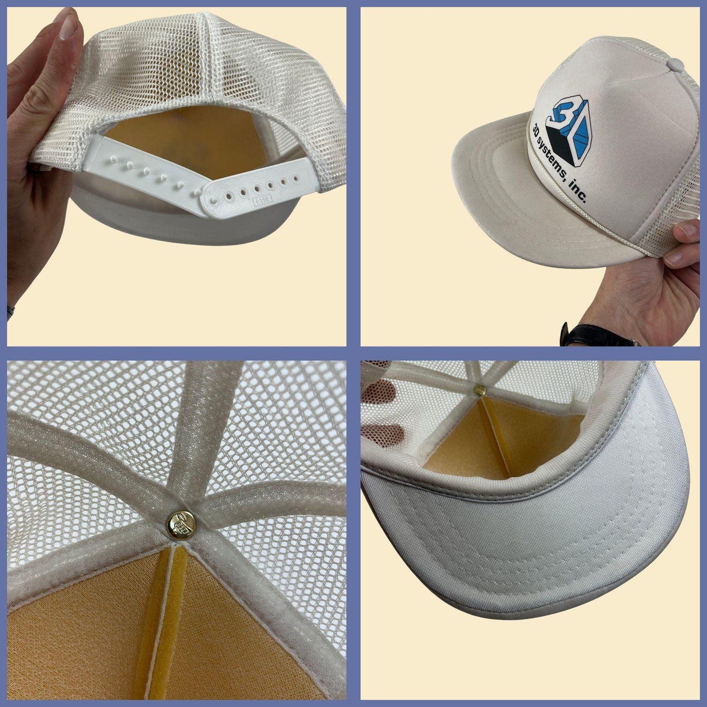 80s/90s snapback w/ 3D Systems logo, vintage white "youth size" white & blue baseball cap