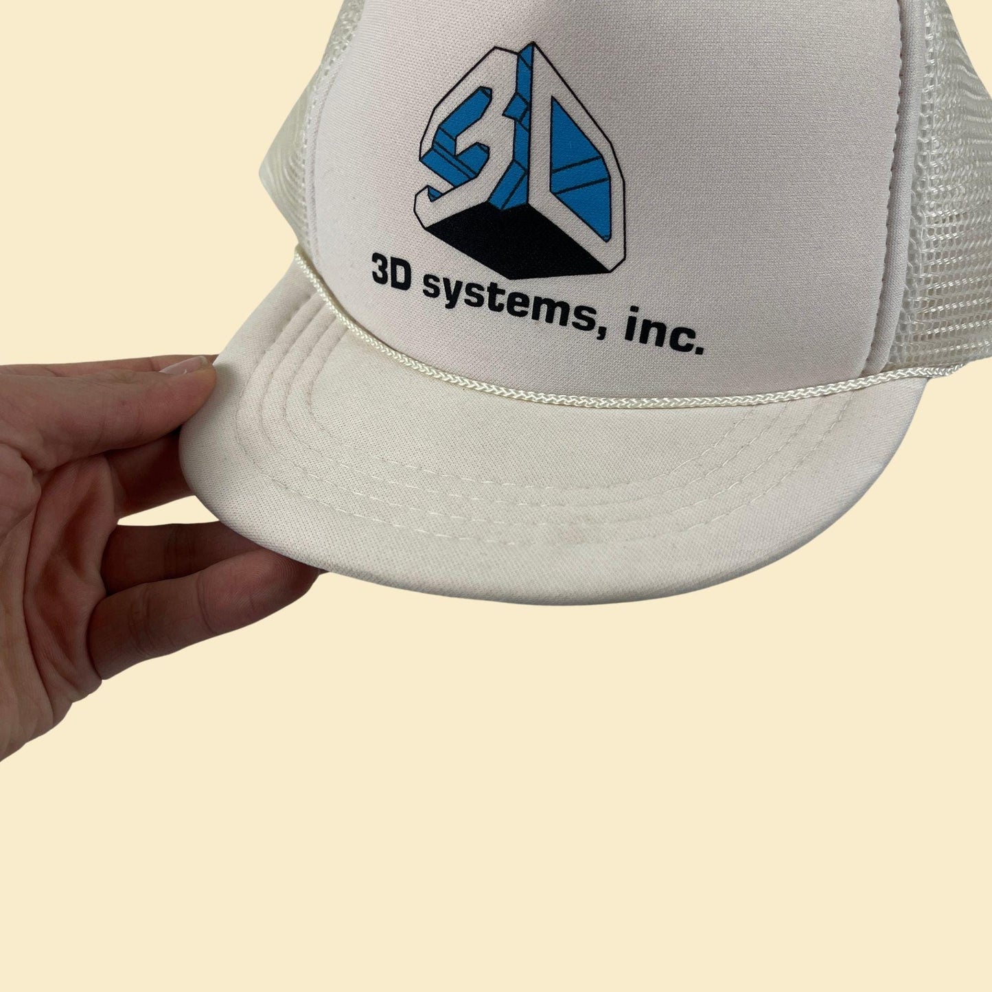 80s/90s snapback w/ 3D Systems logo, vintage white "youth size" white & blue baseball cap