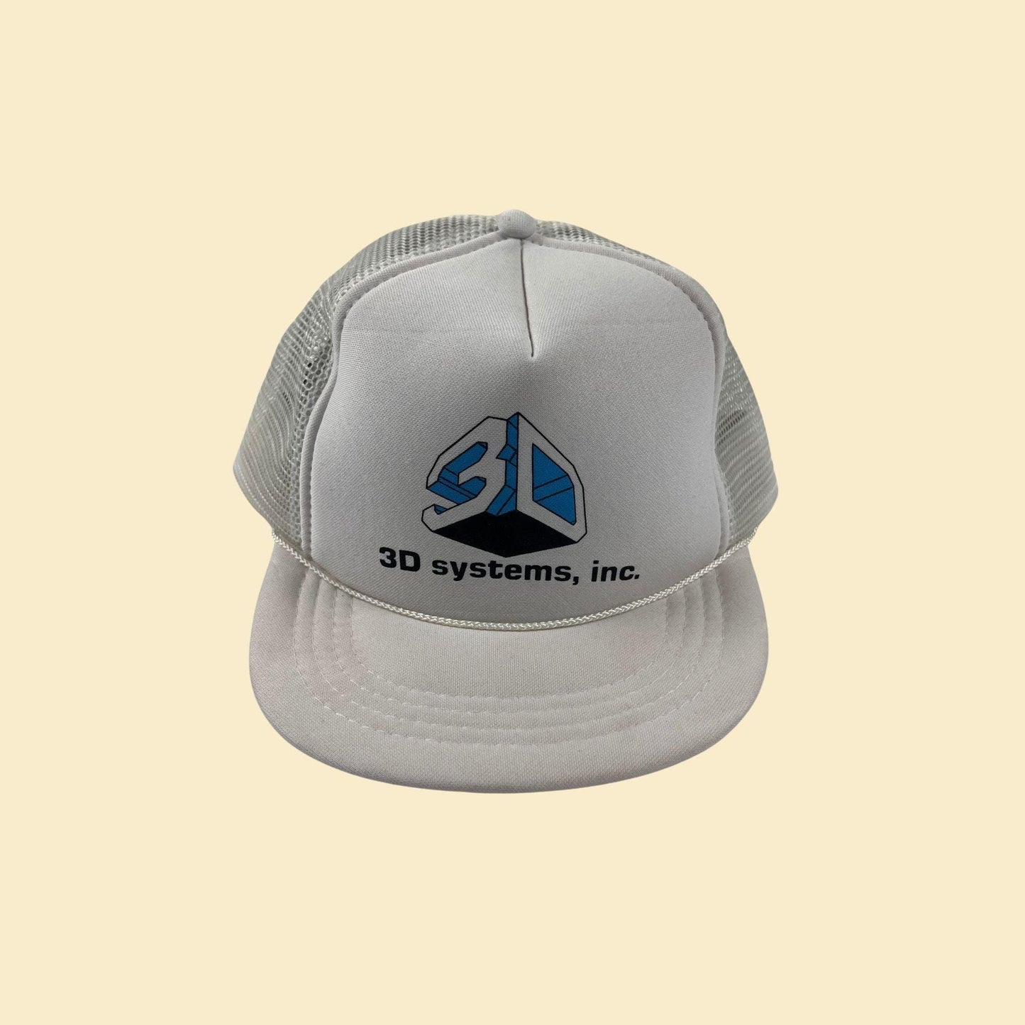 80s/90s snapback w/ 3D Systems logo, vintage white "youth size" white & blue baseball cap