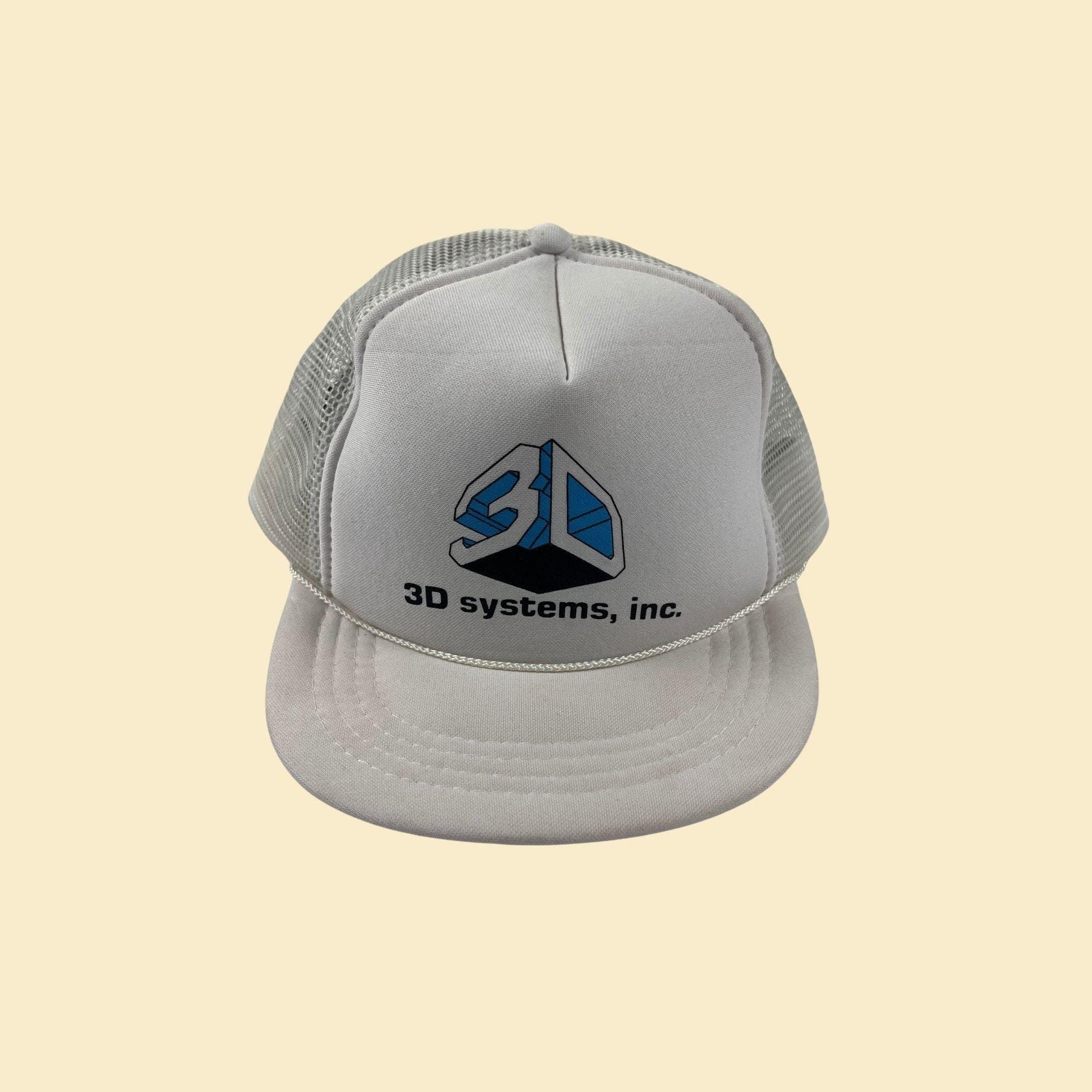 80s/90s snapback w/ 3D Systems logo, vintage white "youth size" white & blue baseball cap